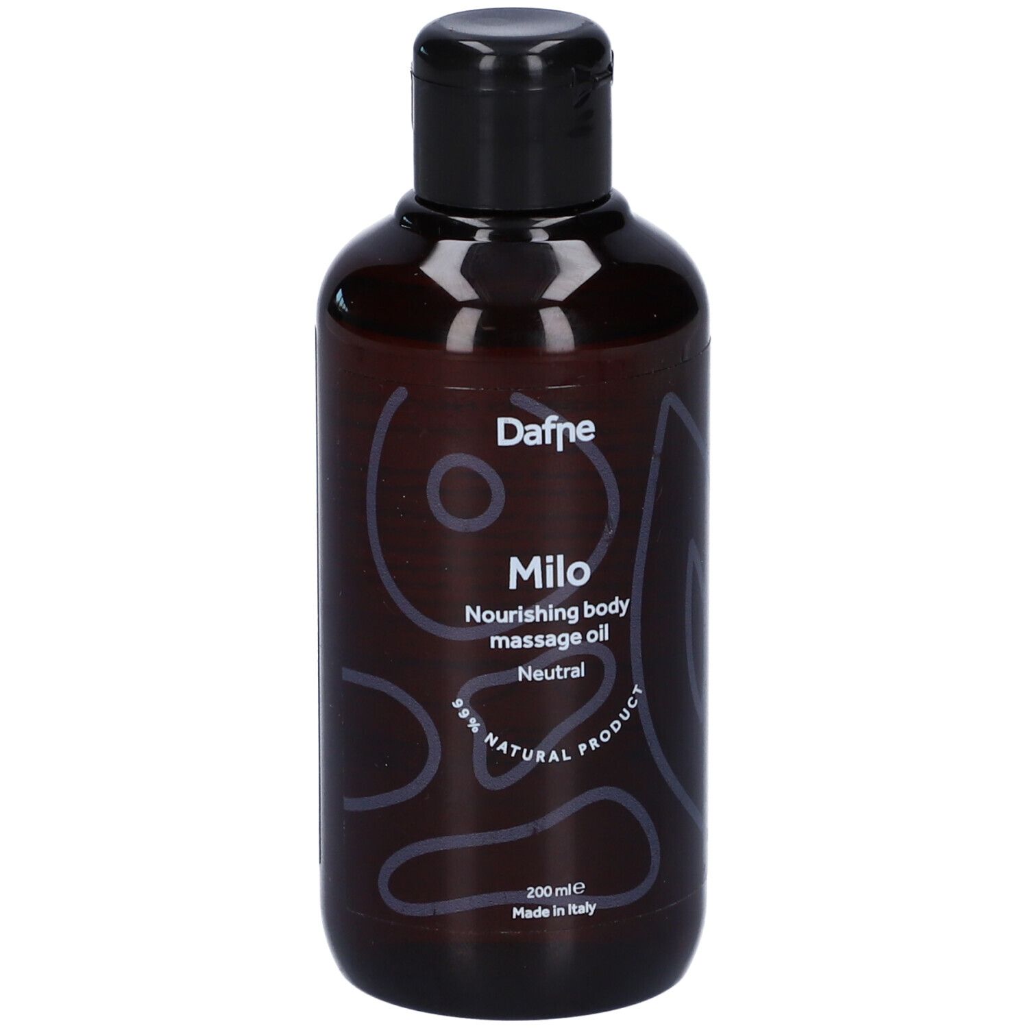 Flacone marrone con tappo nero. Scritta: Dafne Milo, Nourishing body massage oil, Neutro. 200 ml. 95% Natural product.