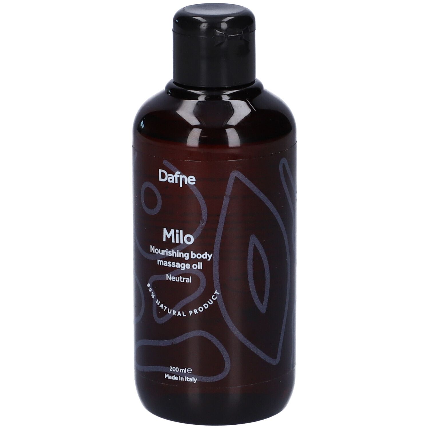 Flacone marrone con tappo nero. Scritta: Dafne Milo, Nourishing body massage oil, Neutro. 200 ml. Made in Italy.