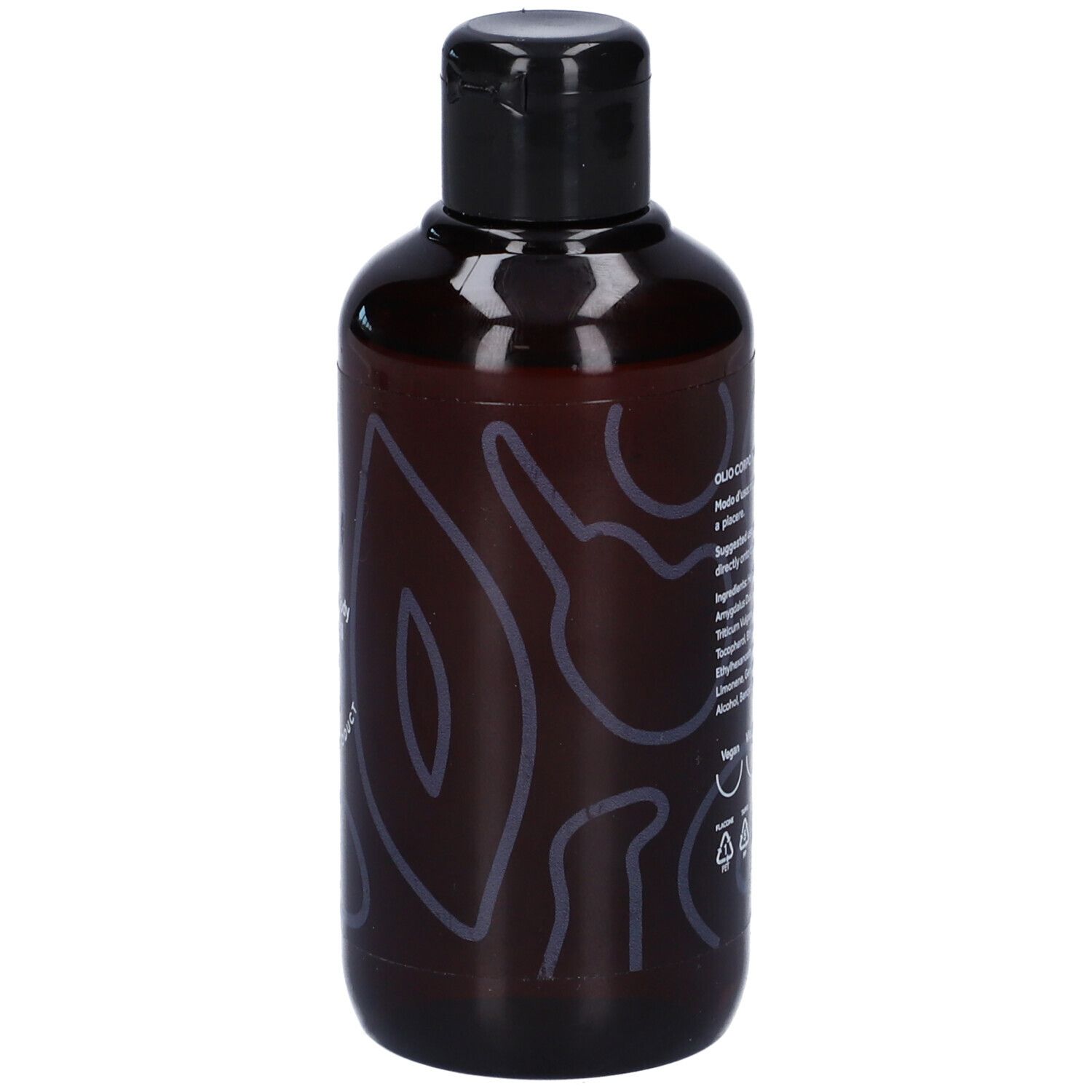 Flacone marrone con tappo nero. Retro con testo e simboli. Scritta: Dafne Milo, Nourishing body massage oil.