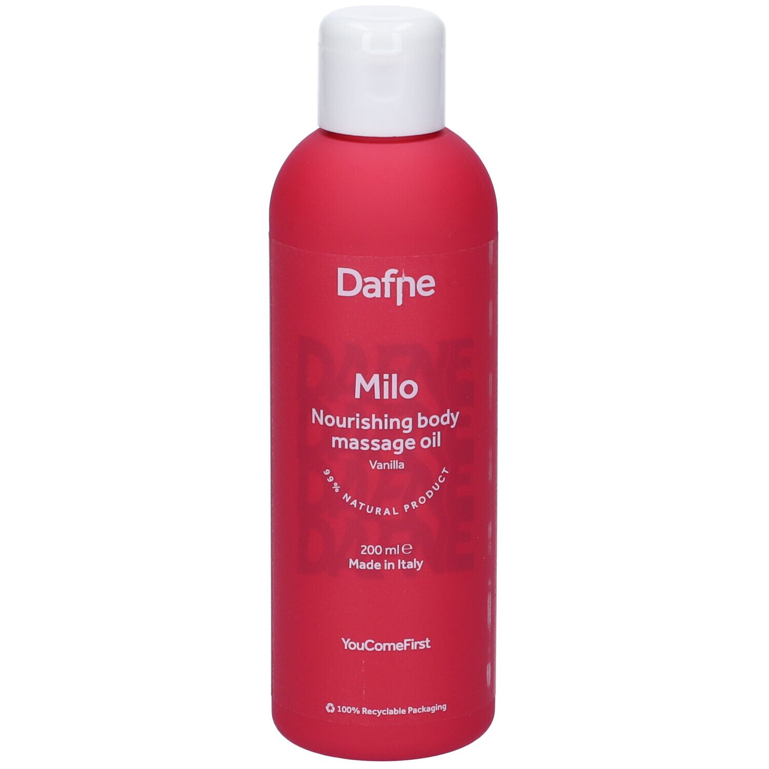 Flacone rosa con tappo bianco. Scritta: Dafne Milo, olio massaggio corpo Vaniglia. 200 ml, Made in Italy.