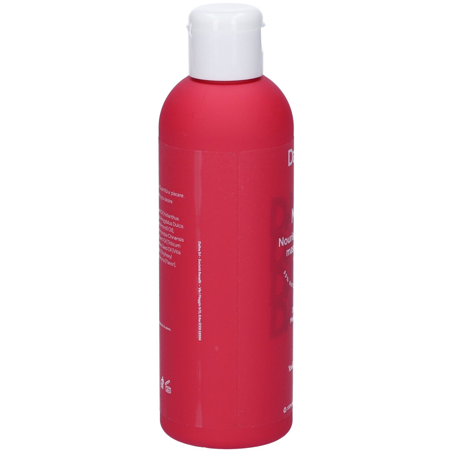 Retro del flacone rosa. Scritta: Ingredienti, istruzioni per l'uso, Vegan, 99% naturale.