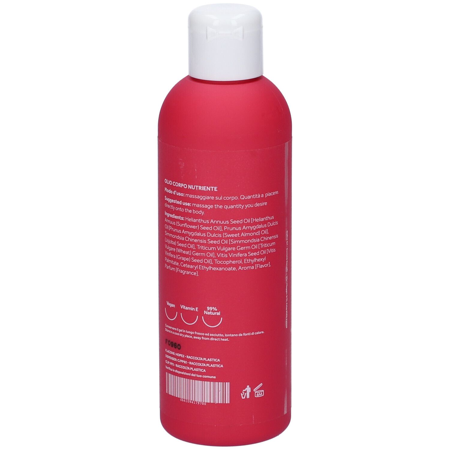 Retro del flacone rosa. Scritta: Ingredienti, istruzioni per l'uso, Vegan, 99% naturale.