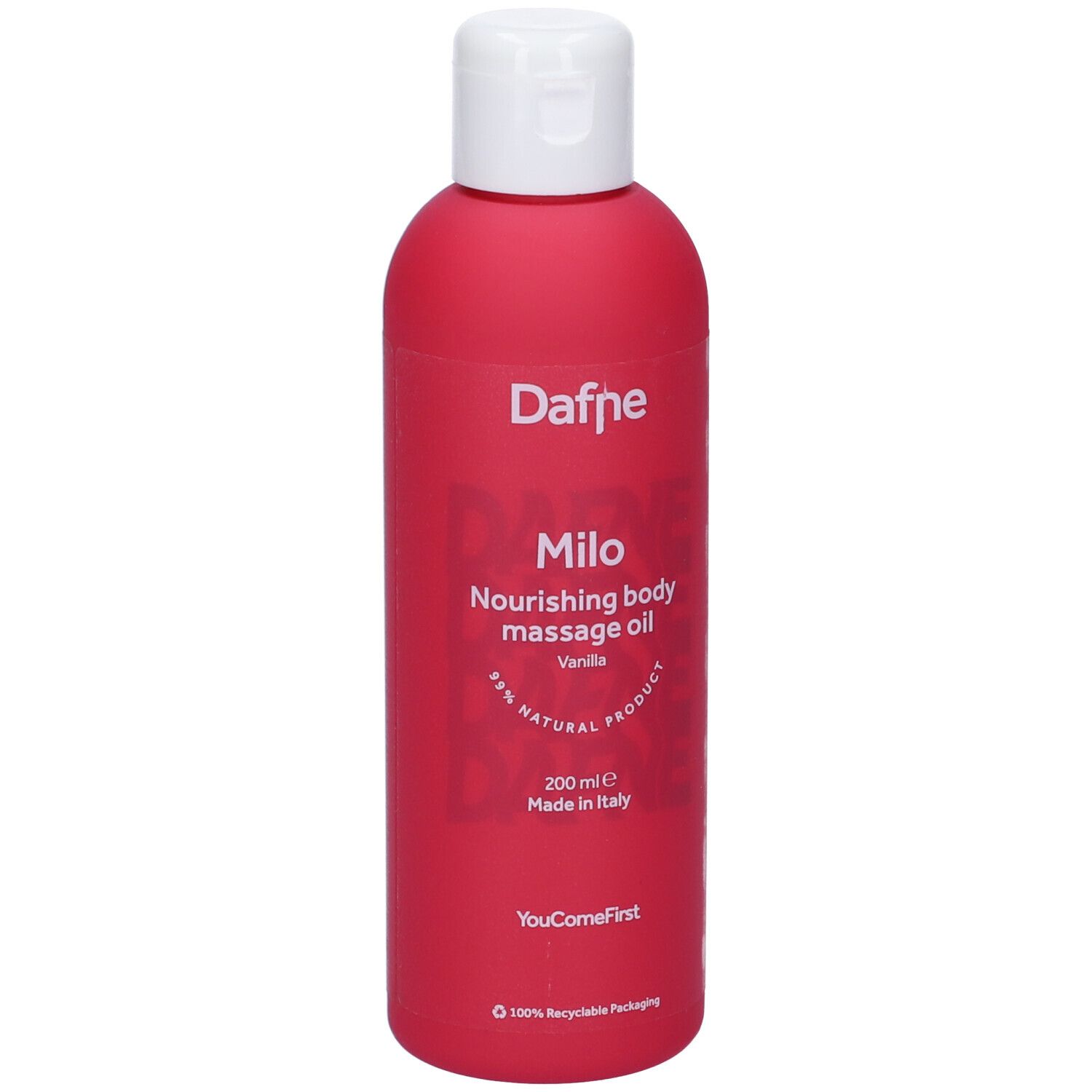 Flacone rosa con tappo bianco. Scritta: Dafne Milo, olio massaggio corpo Vaniglia. 200 ml, Made in Italy.