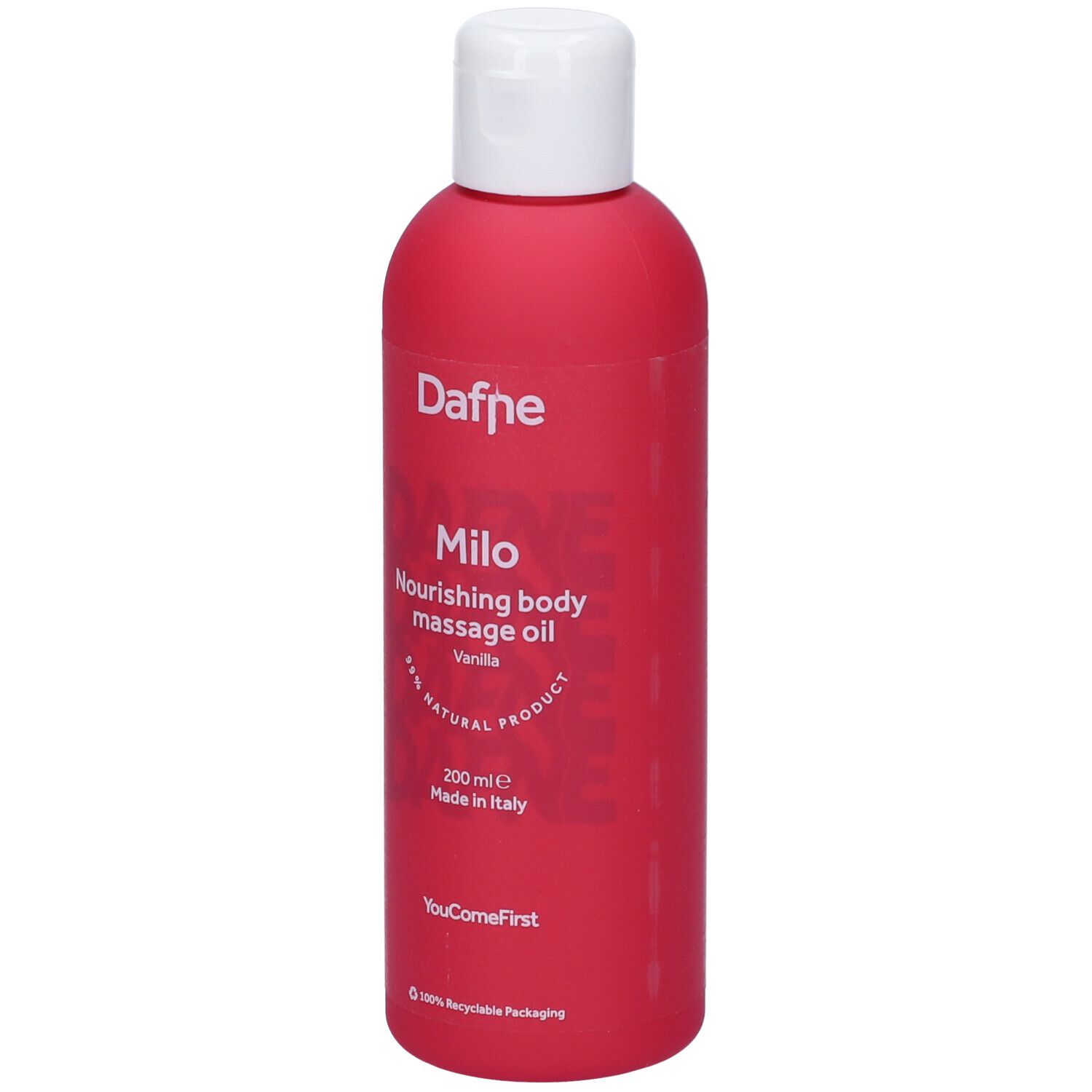 Flacone rosa con tappo bianco. Scritta: Dafne Milo, olio massaggio corpo Vaniglia. 200 ml, Made in Italy.