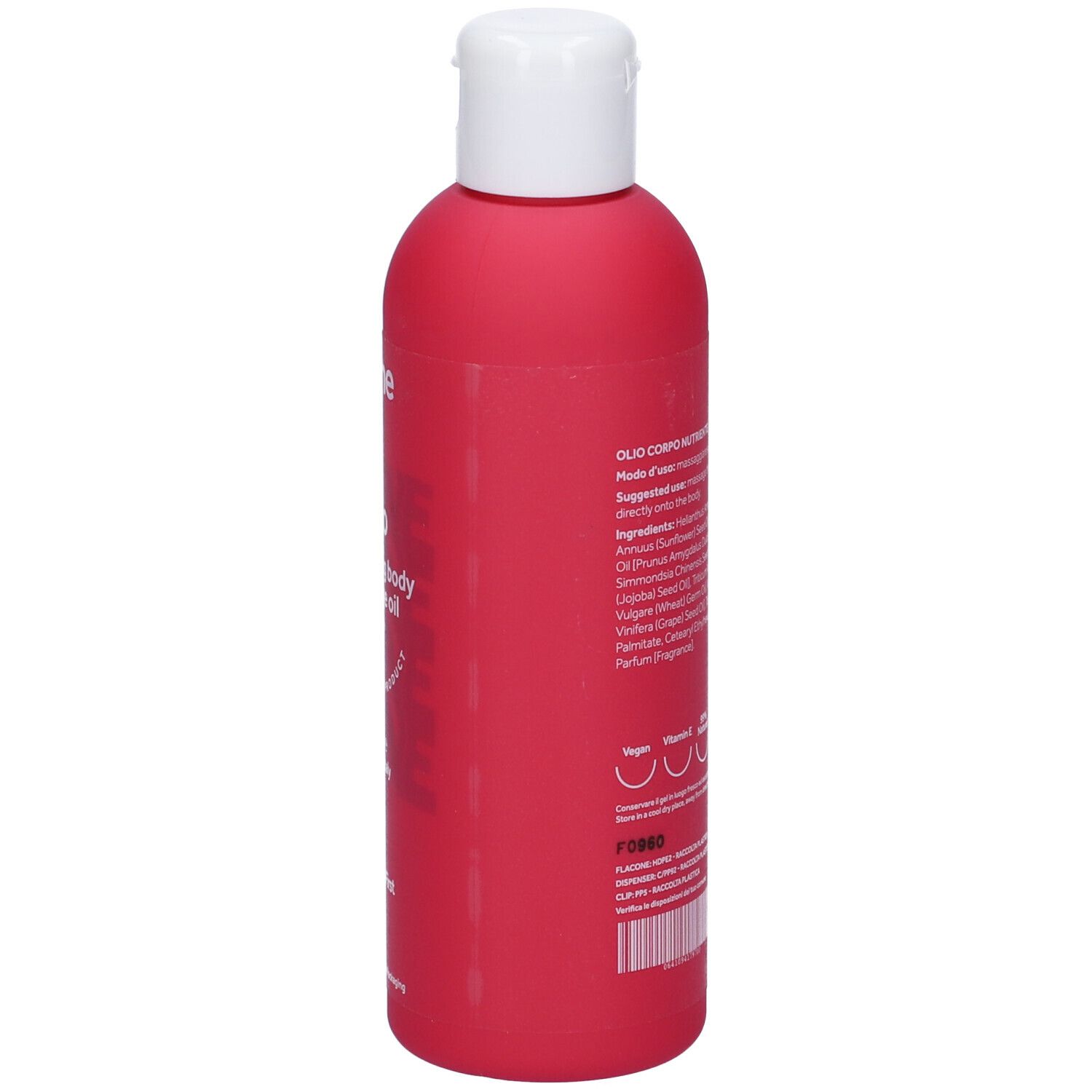 Retro del flacone rosa. Scritta: Ingredienti, istruzioni per l'uso, Vegan, 99% naturale.