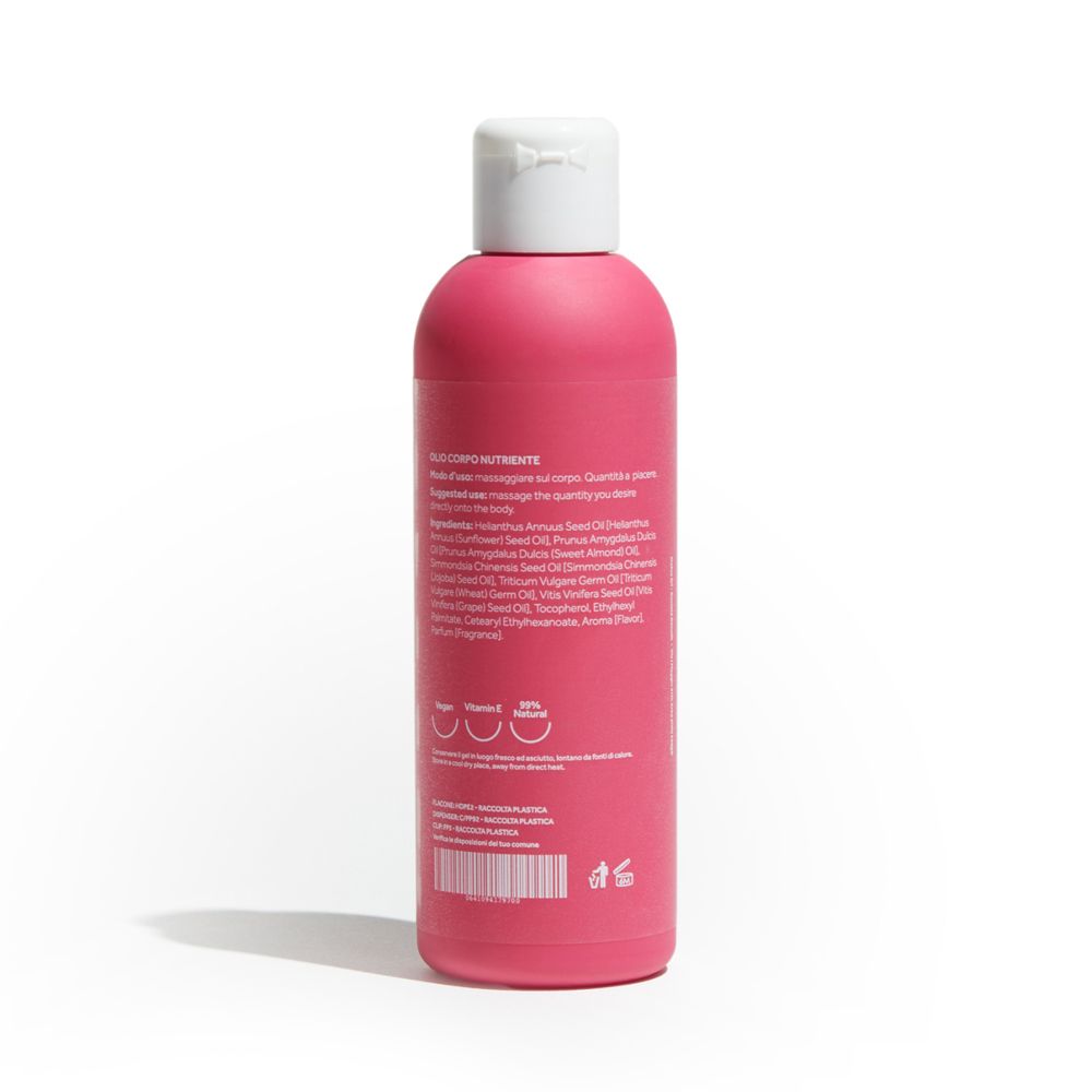 Retro del flacone rosa. Scritta: Ingredienti, istruzioni per l'uso, Vegan, 99% naturale.