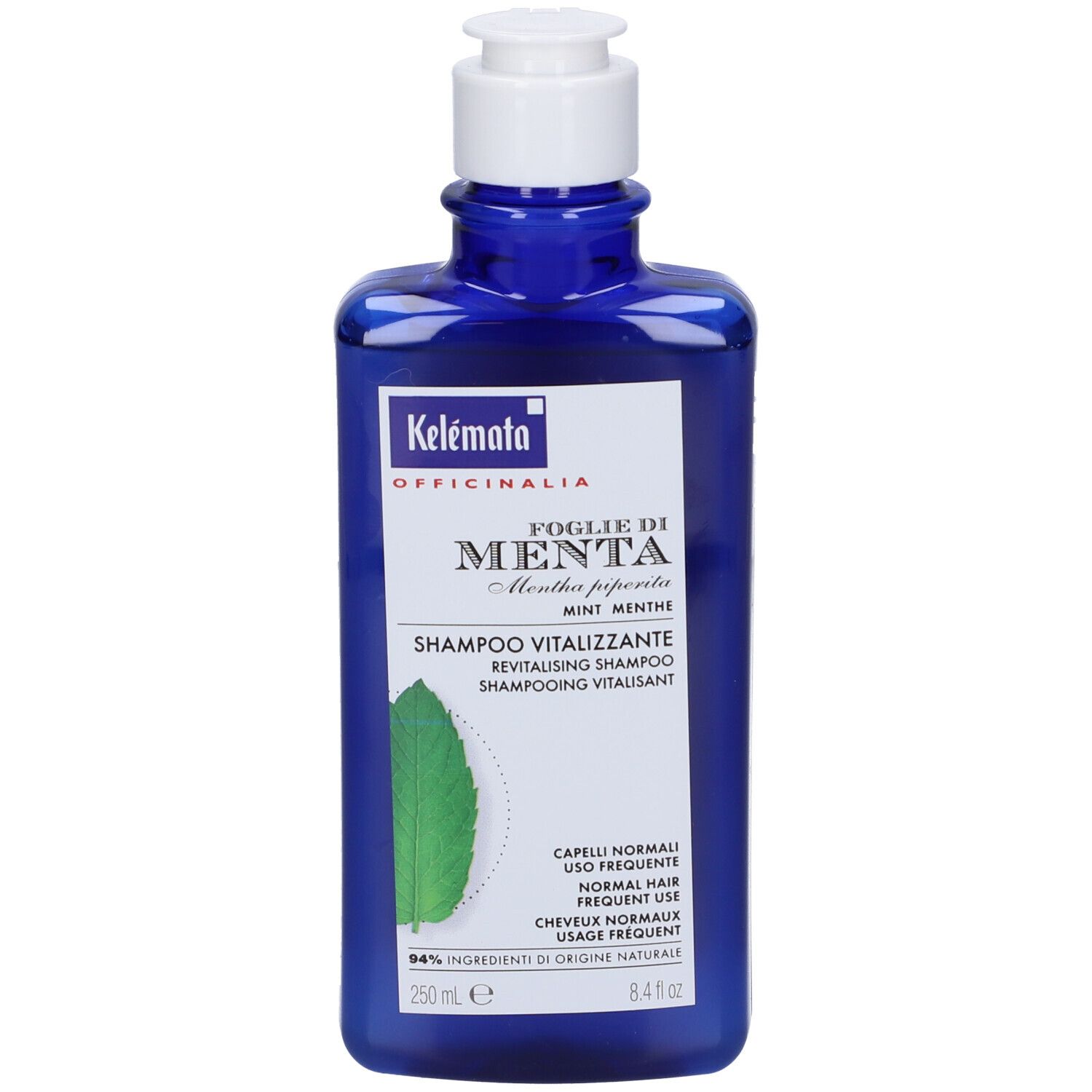 Flacone blu di shampoo Kelémata Vitalizzante. Etichetta bianca con informazioni e illustrazione di foglia di menta.