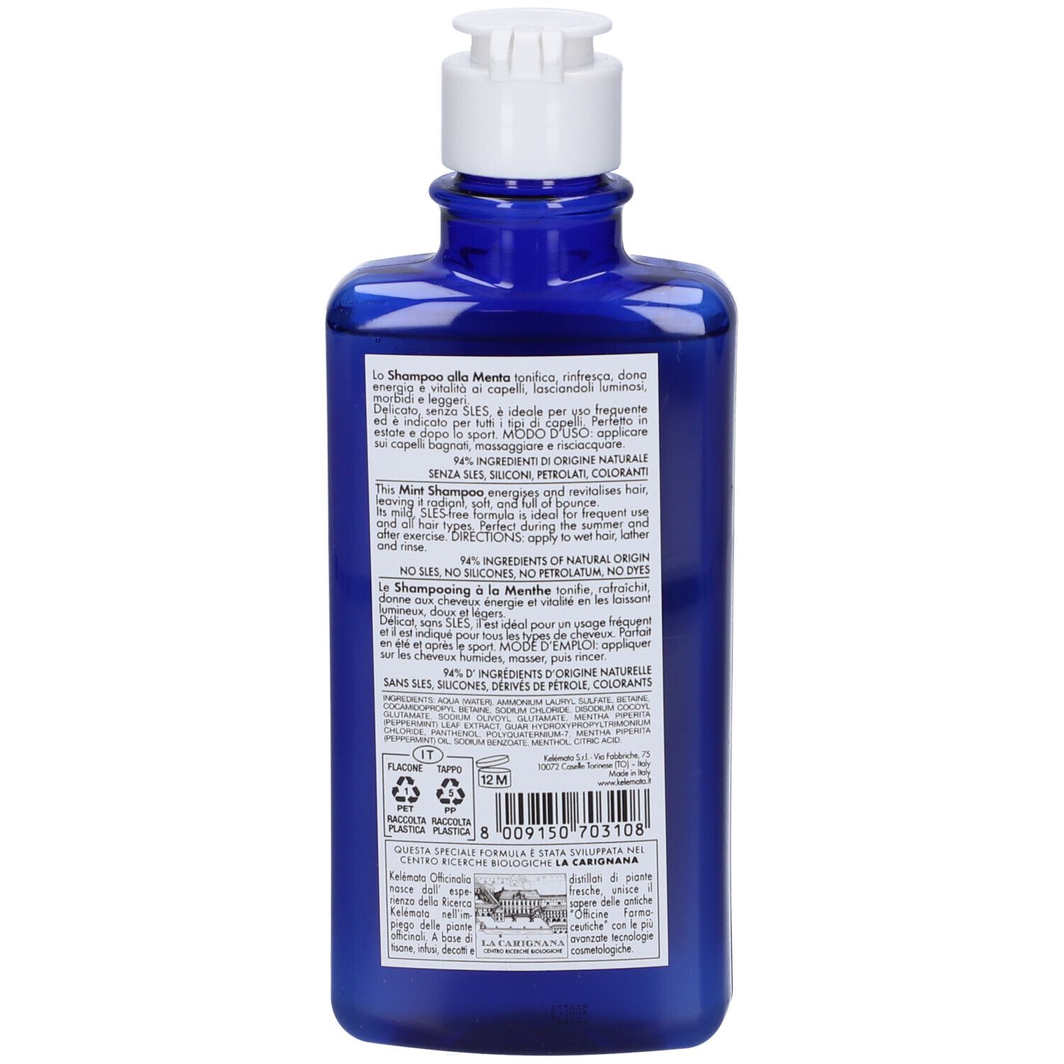 Retro del flacone blu di shampoo Kelémata. Informazioni testuali su etichetta bianca, simboli di riciclo.