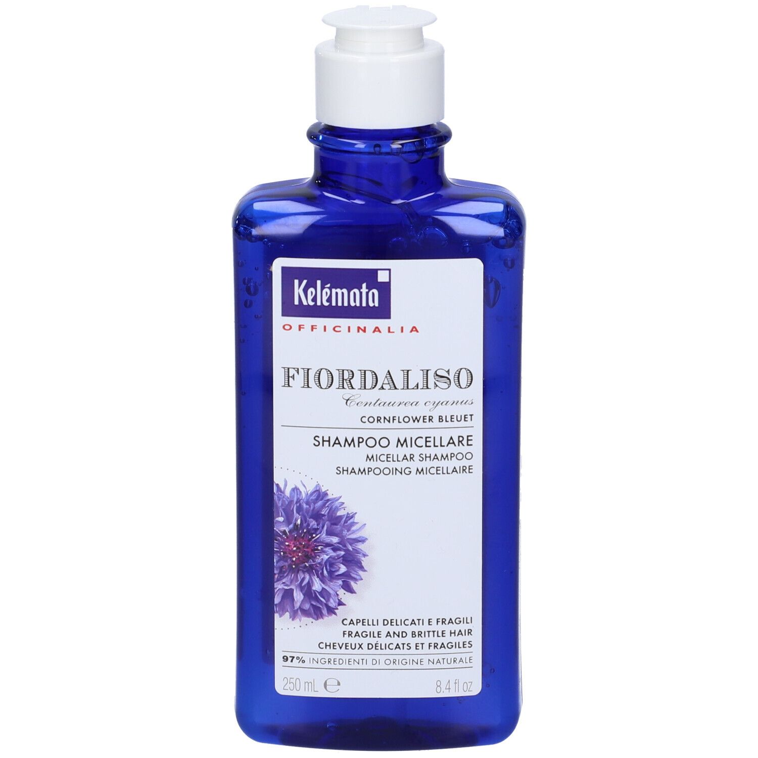 Flacone blu di shampoo Kelémata Micellare al Fiordaliso con tappo bianco. Etichetta con nome prodotto e illustrazione di fiordaliso.