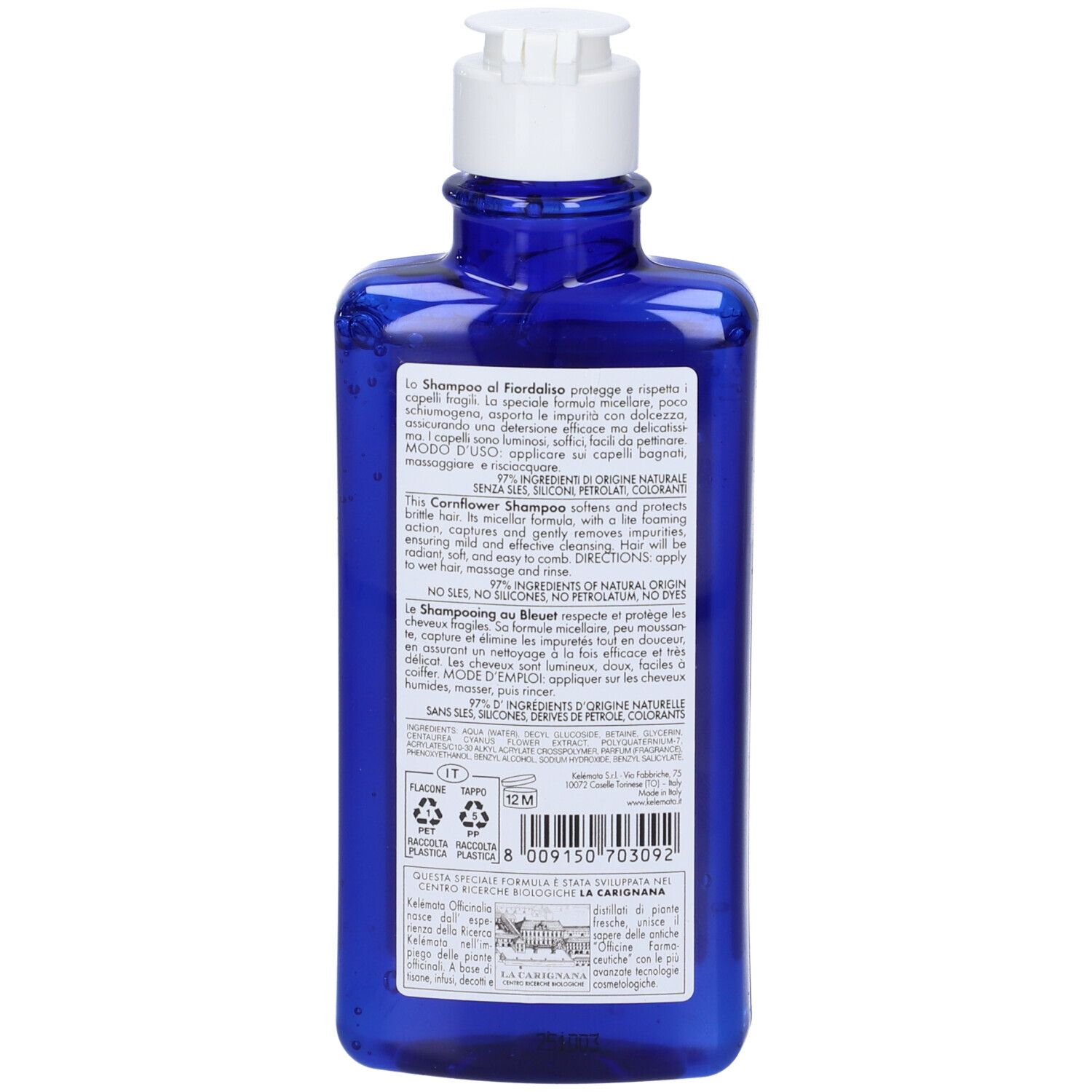 Retro del flacone blu di shampoo Kelémata Micellare al Fiordaliso. Informazioni testuali e ingredienti sull'etichetta.