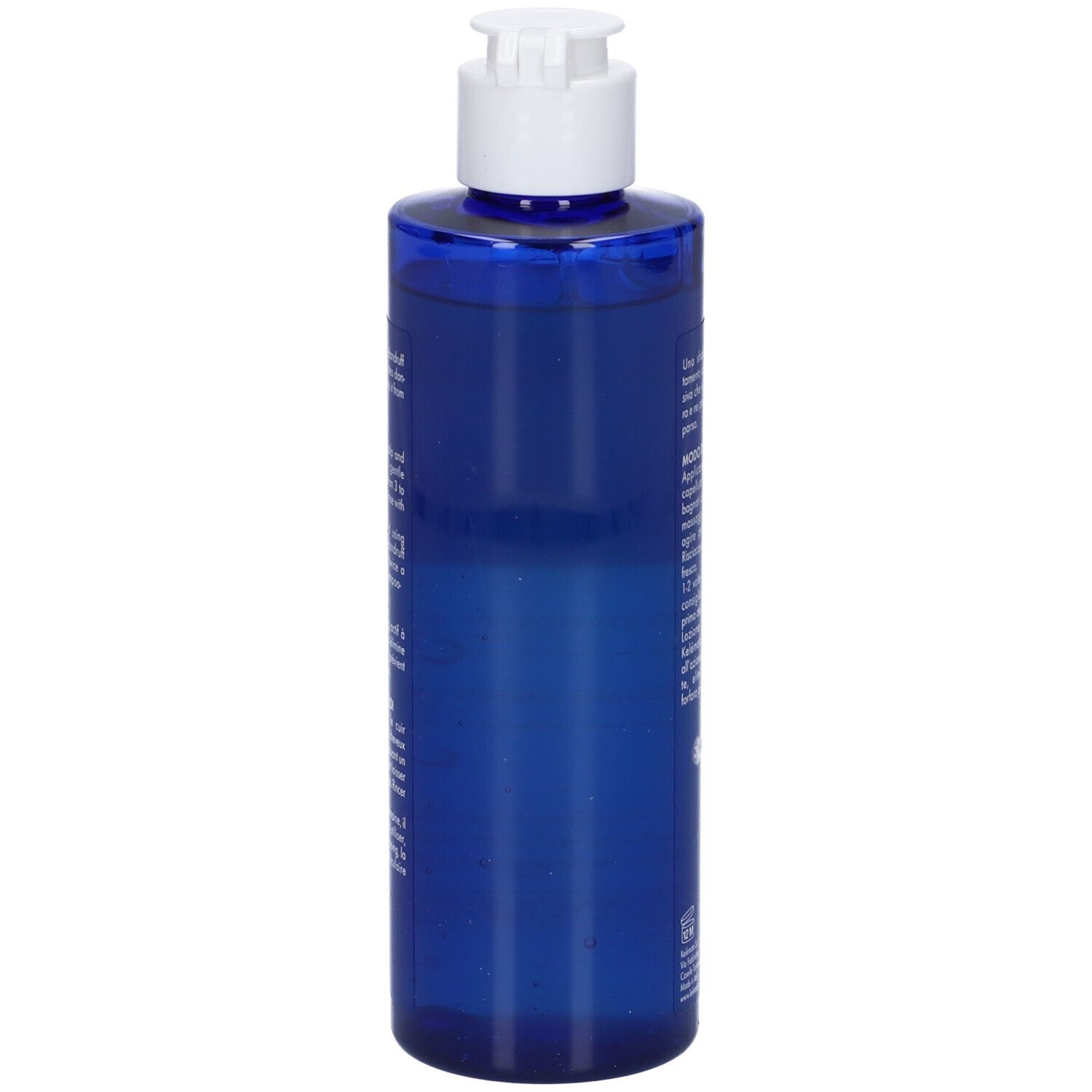 Blaue Flasche mit weißem Pumpspender, gefüllt mit klarer Flüssigkeit.
