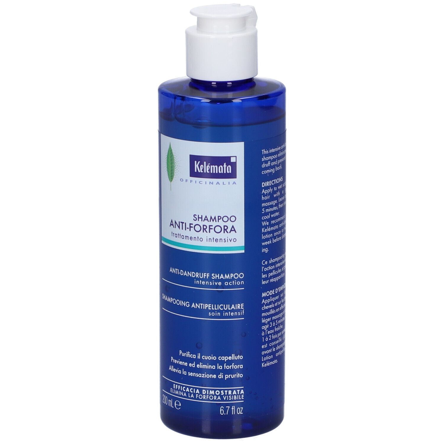 Kelémata Anti-Schuppen Shampoo in blauer Flasche mit weißem Pumpspender. 200ml.