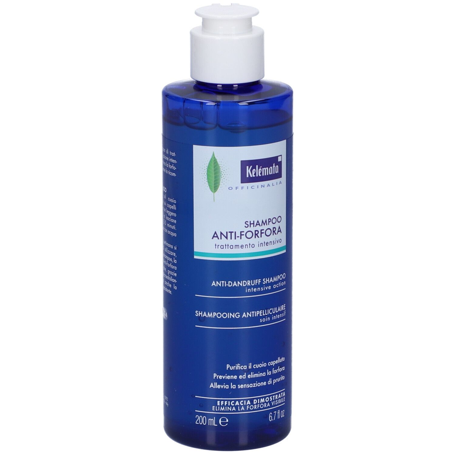 Kelemata Anti-Schuppen Shampoo in blauer Flasche mit weißem Pumpspender. 200 ml.
