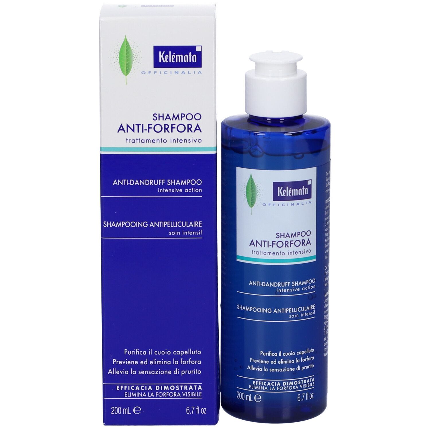 Kelemata Anti-Schuppen Shampoo in blauer Flasche mit Pumpspender und Faltschachtel.