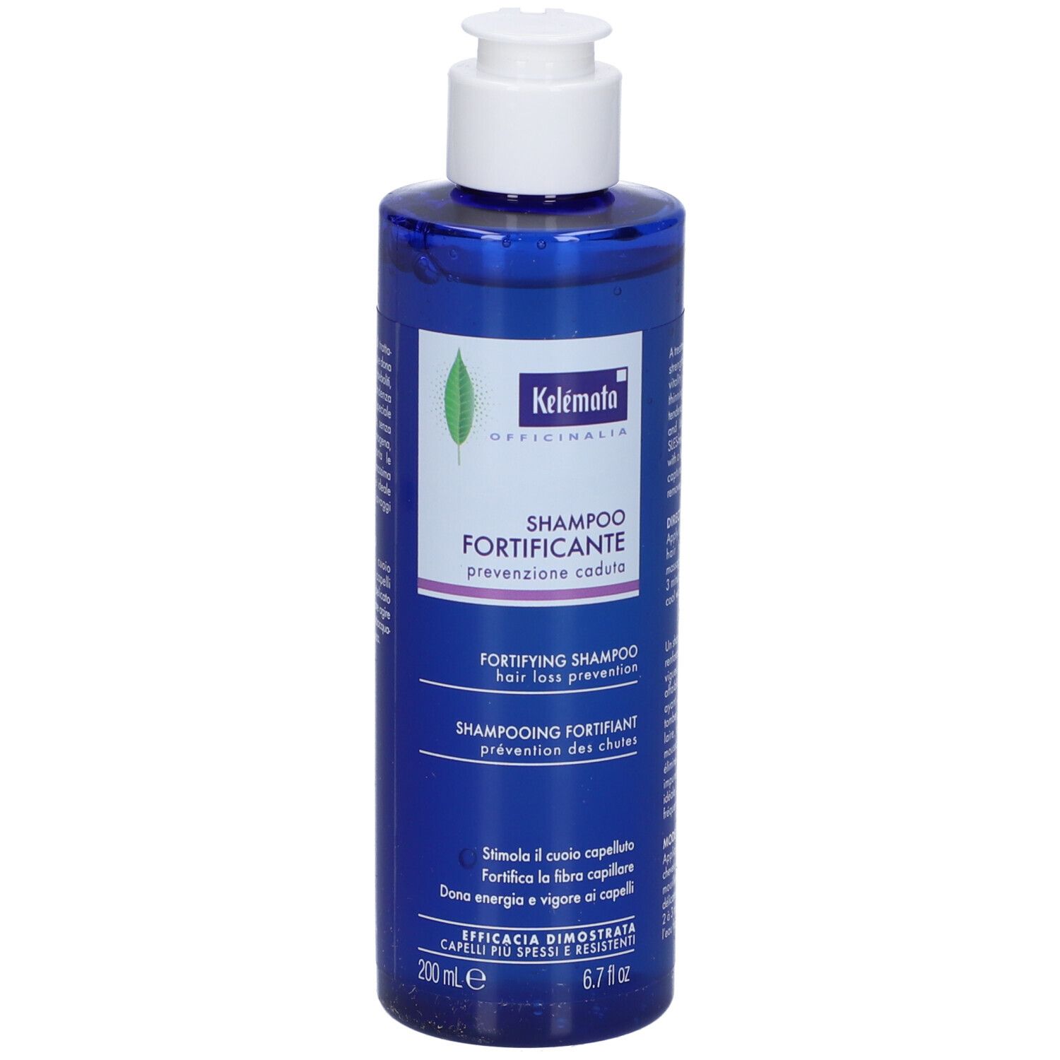 Flacone blu con tappo bianco. Scritta: Shampoo Fortificante, prevenzione caduta capelli. 200 ml.