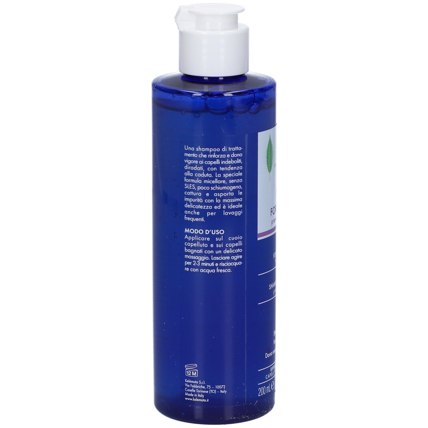 Retro di un flacone di shampoo blu con tappo bianco. Testo in italiano. 200 ml.