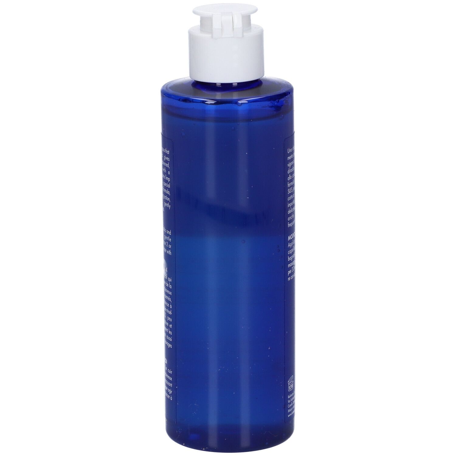 Flacone di shampoo blu con tappo bianco. Vista posteriore. Nessuna scritta visibile.