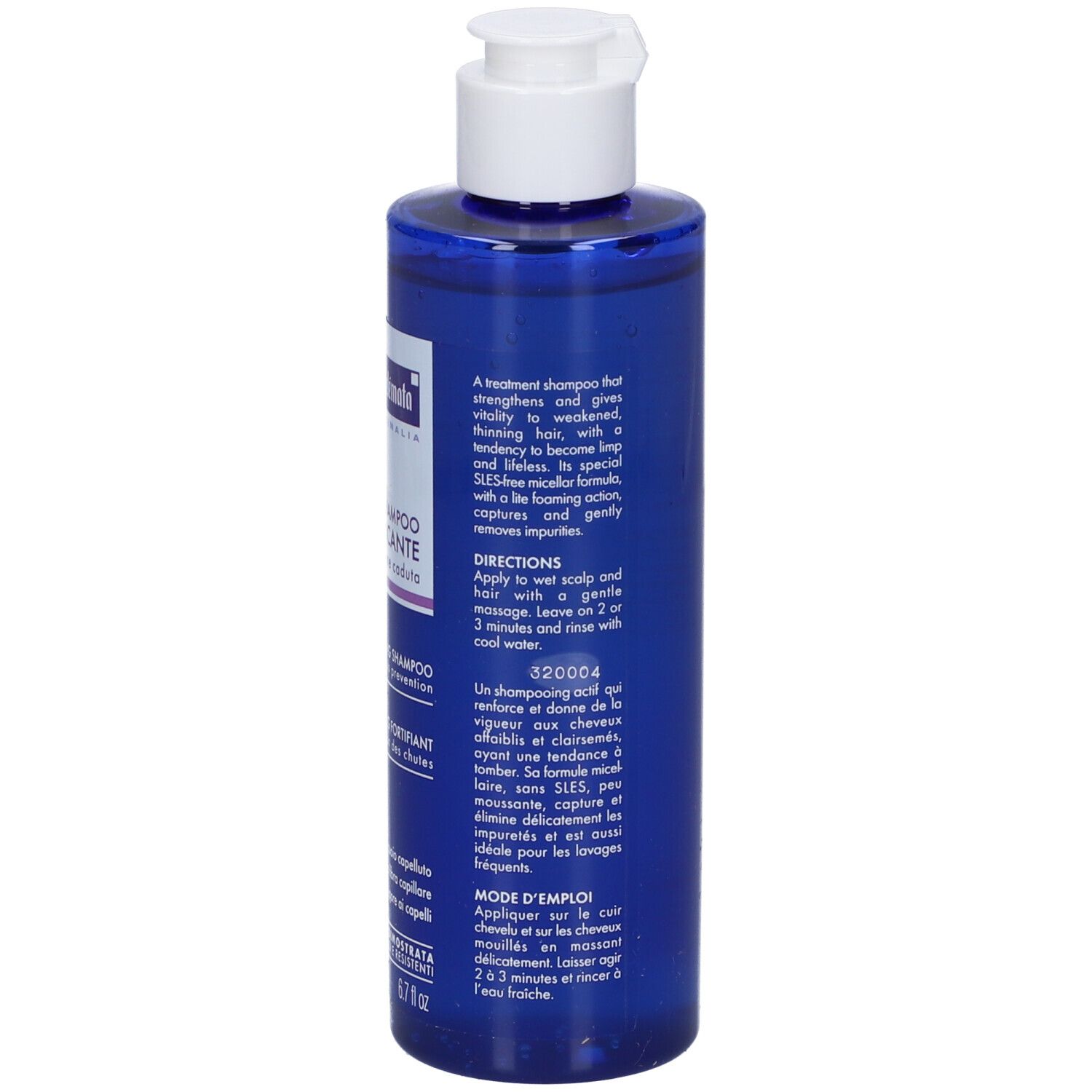 Flacone di shampoo blu con tappo bianco. Testo in inglese e francese. 200 ml.