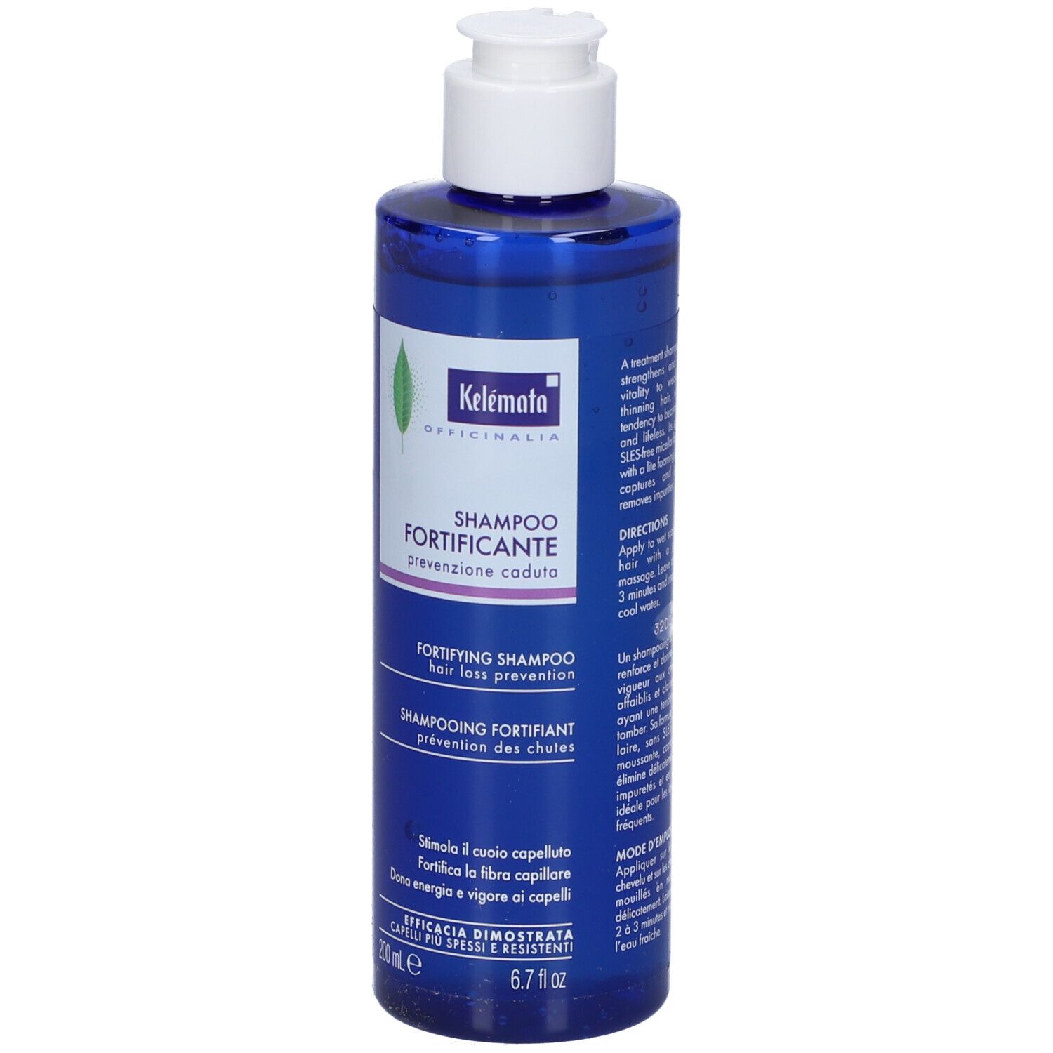 Flacone di shampoo blu con tappo bianco. Scritta: Shampoo Fortificante, prevenzione caduta capelli. 200 ml.