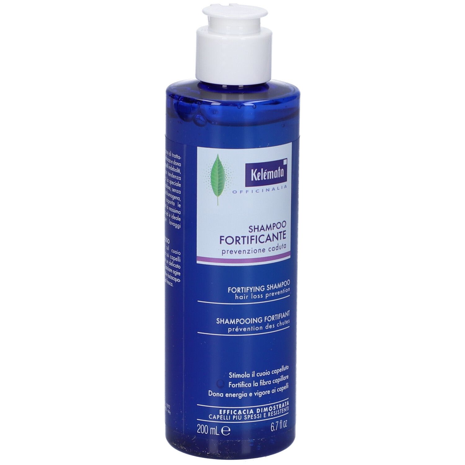 Flacone di shampoo blu con tappo bianco. Scritta: Shampoo Fortificante, prevenzione caduta capelli. 200 ml.
