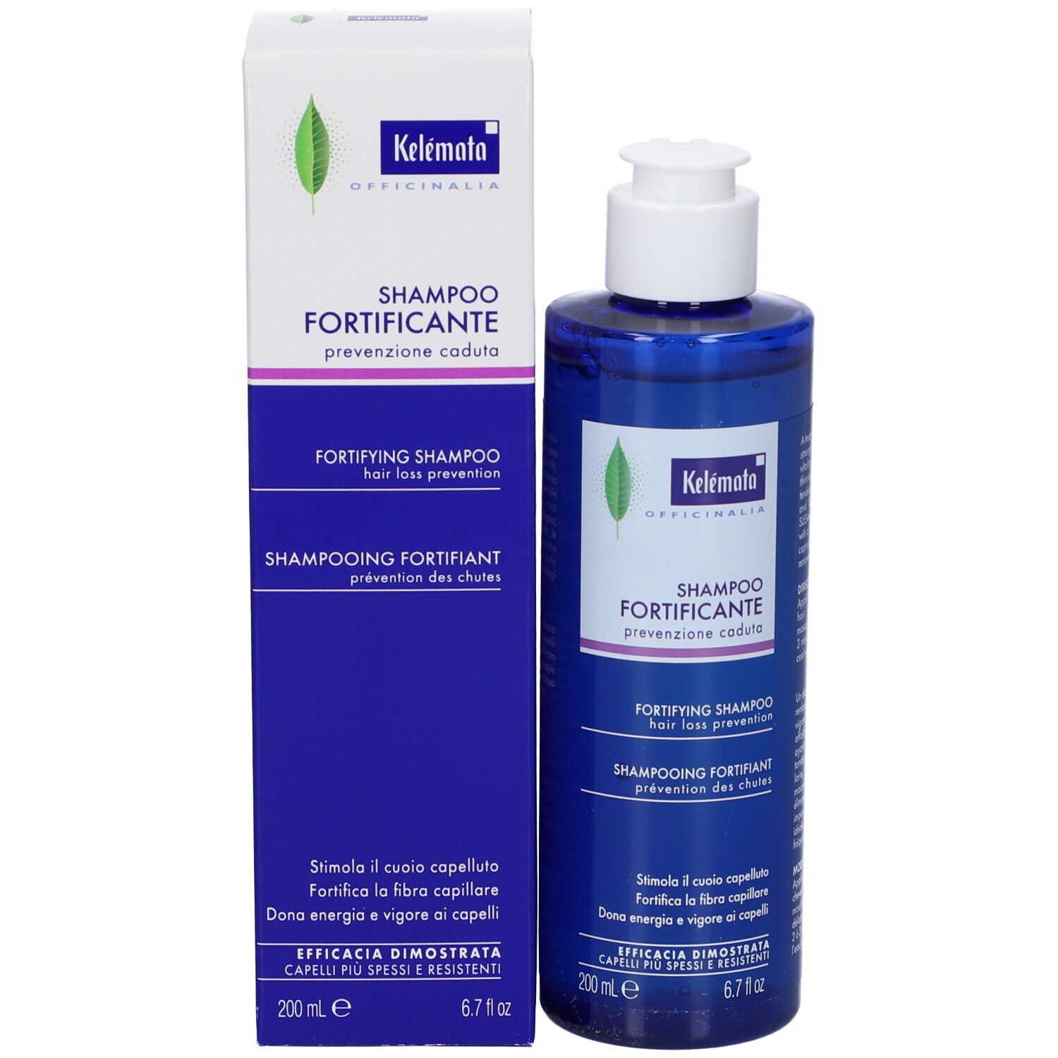 Flacone di shampoo blu con tappo bianco e confezione. Scritta: Shampoo Fortificante, prevenzione caduta capelli. 200 ml.