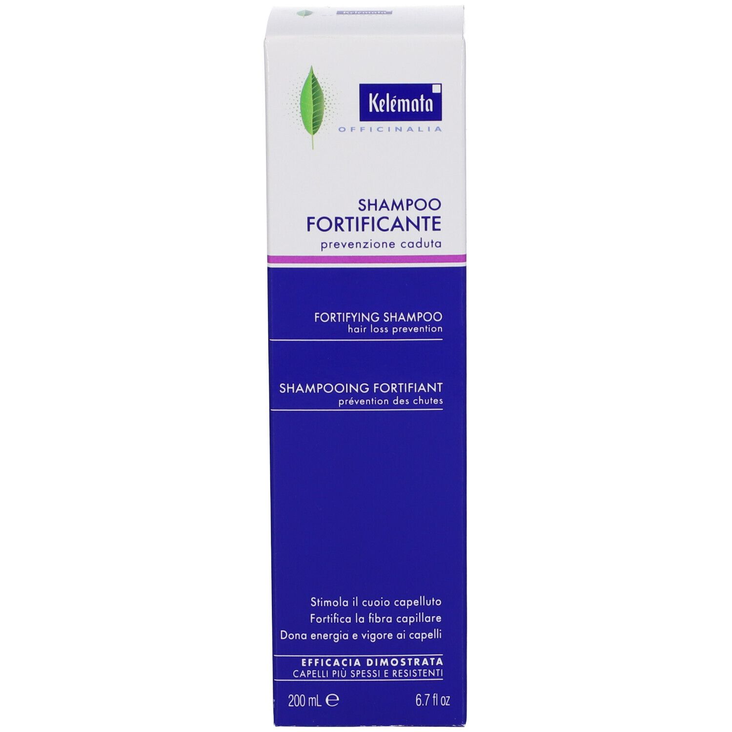 Confezione di shampoo. Scritta: Shampoo Fortificante, prevenzione caduta capelli. 200 ml.