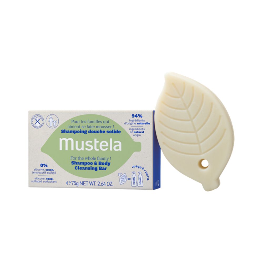 Mustela® Shampoo e detergente solido. Sapone a forma di foglia e confezione in cartone. 94% ingredienti naturali.