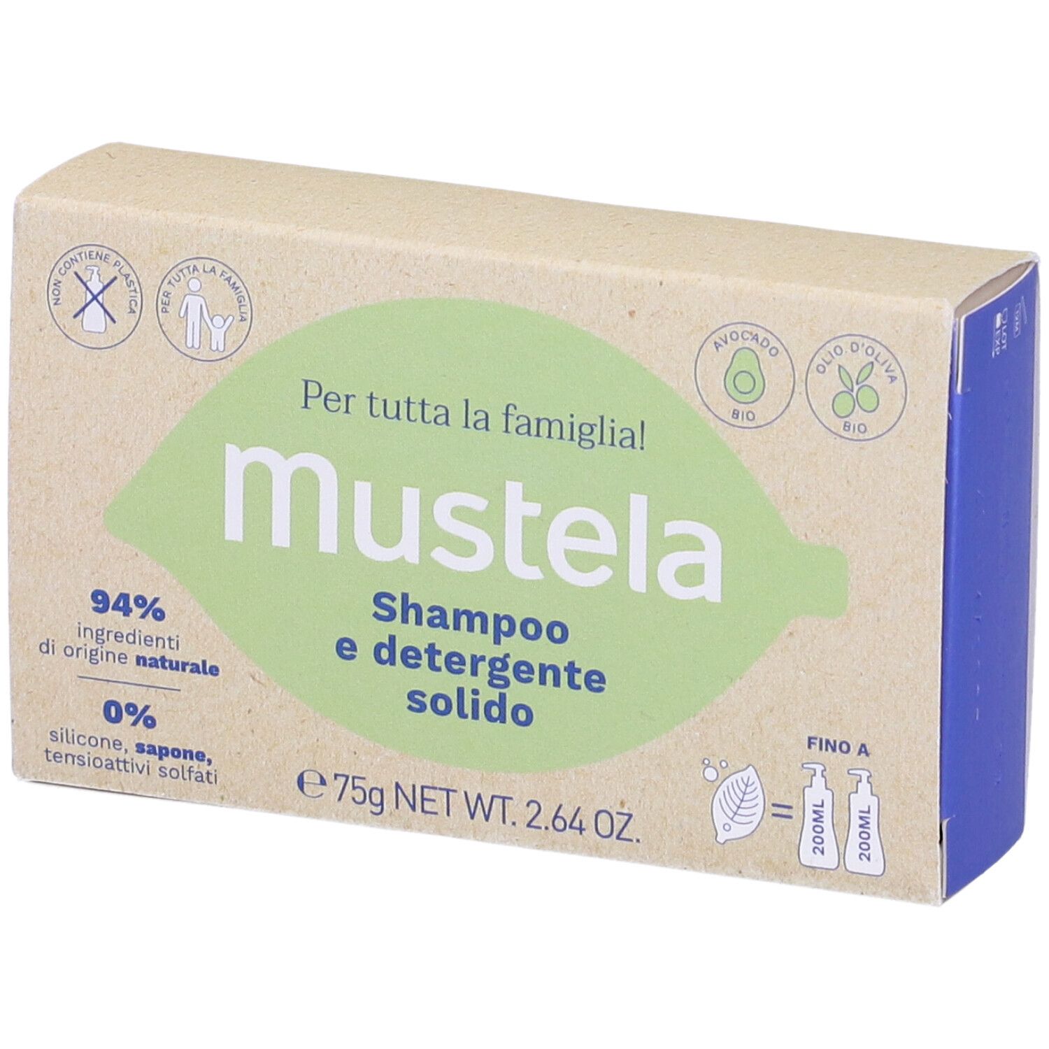 Mustela® Shampoo e detergente solido in confezione di cartone. 94% ingredienti naturali. 0% siliconi, saponi, tensioattivi.
