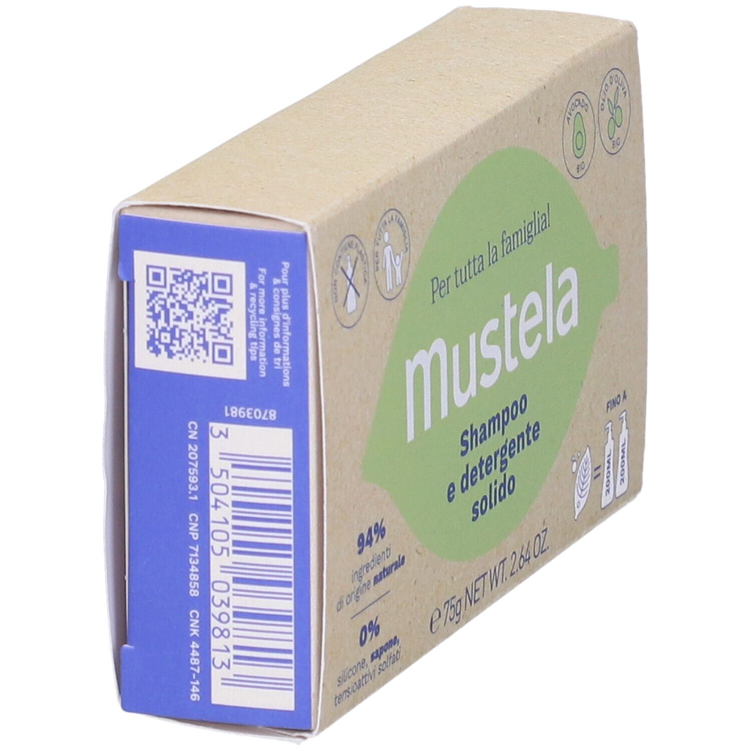 Mustela® Shampoo e detergente solido in confezione di cartone. 94% ingredienti naturali. Codice QR e codice a barre.
