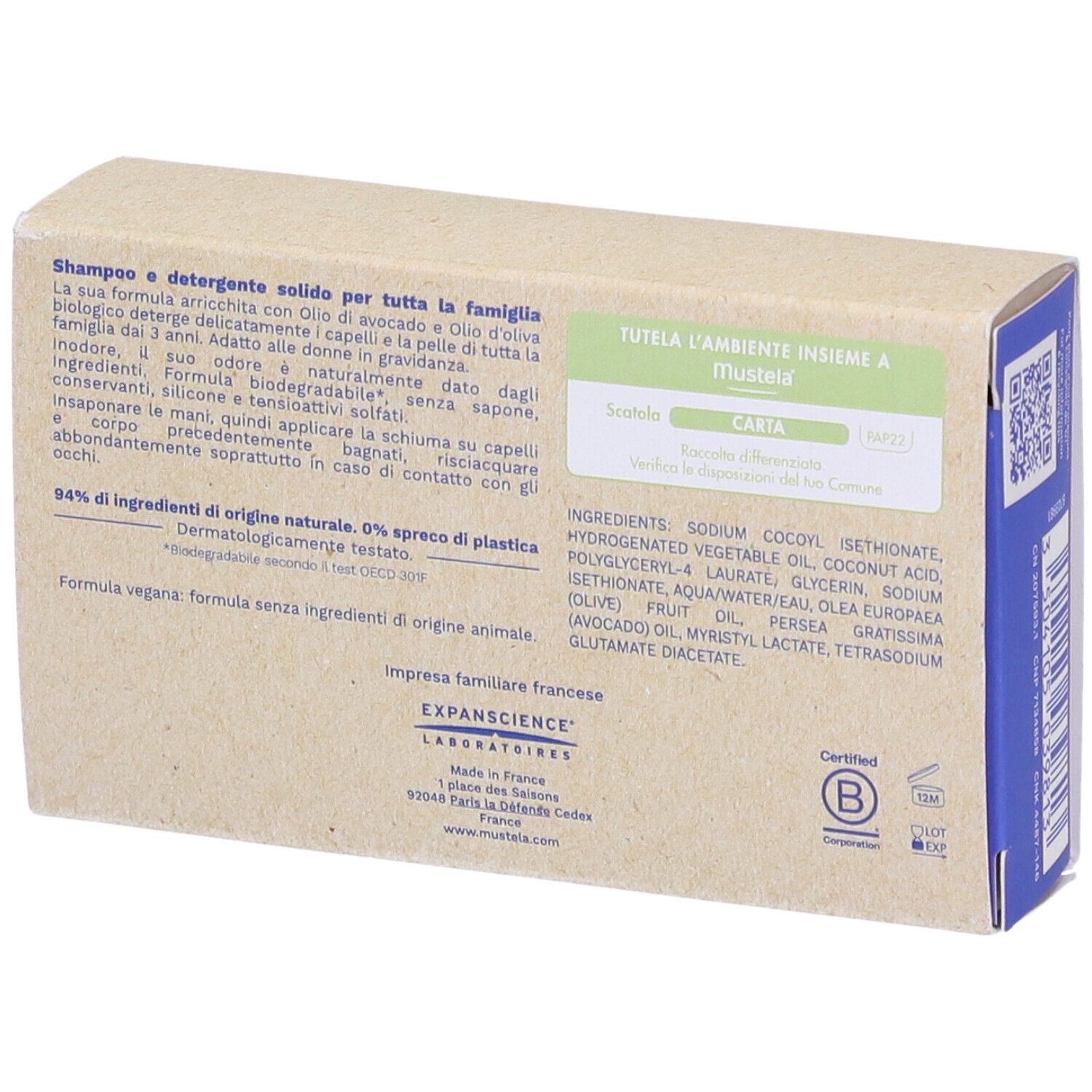 Retro della confezione Mustela® Shampoo e detergente solido. Ingredienti, certificazione e indirizzo del produttore.