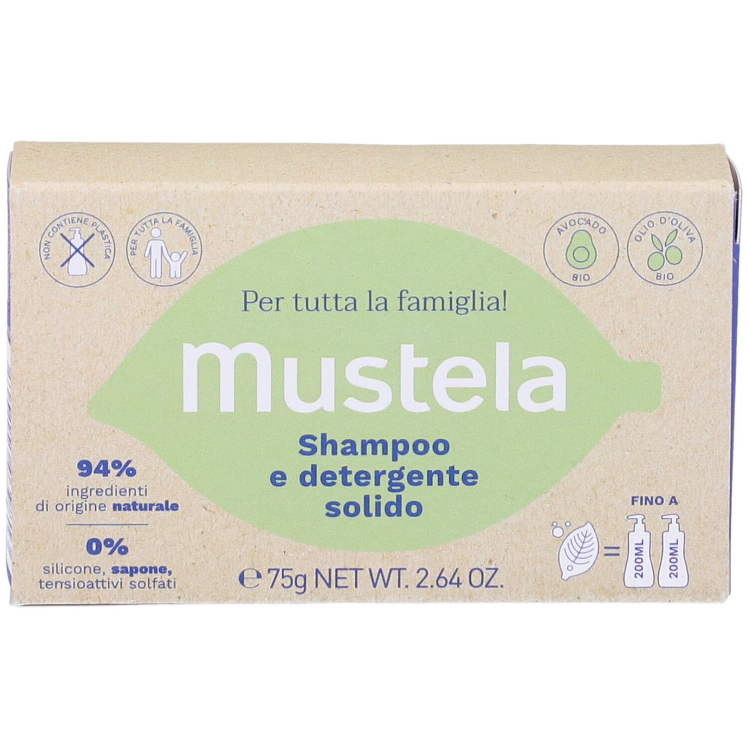 Mustela® Shampoo e detergente solido in confezione di cartone. 94% ingredienti naturali. 0% siliconi, saponi, tensioattivi.