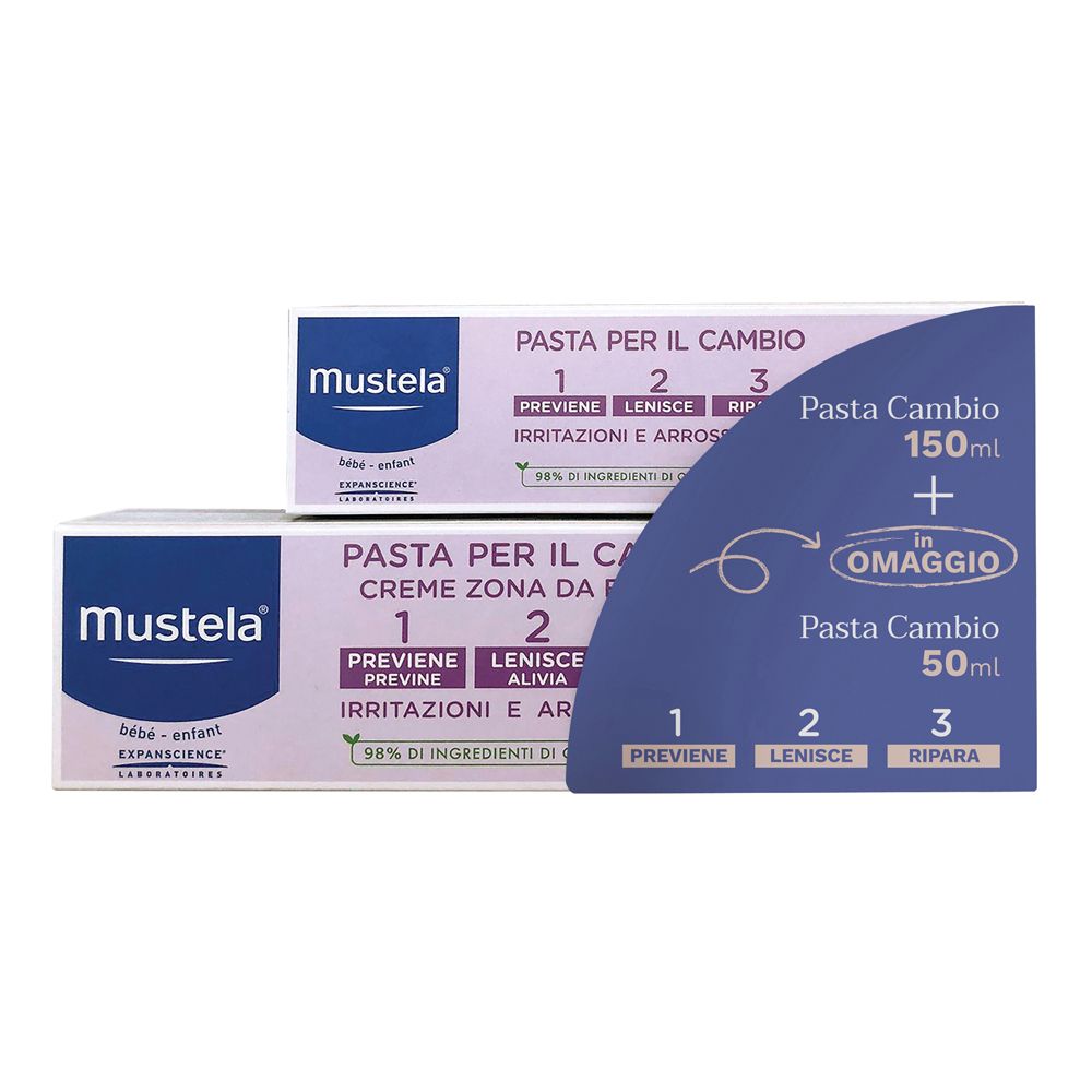 Due confezioni. Scritto: Pasta per il Cambio, 150ml + 50ml. Marchio Mustela. 98% ingredienti di origine naturale.