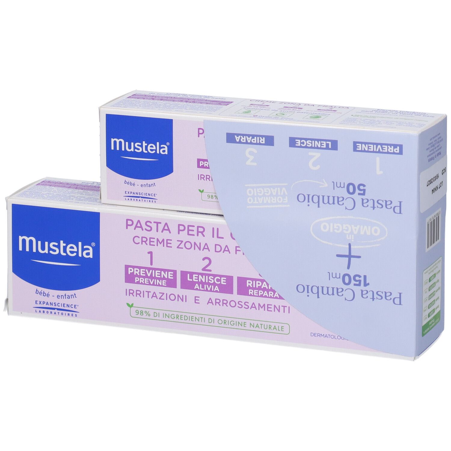 Due confezioni. Scritto: Pasta per il Cambio, 150ml + 50ml. Marchio Mustela. 98% ingredienti di origine naturale.