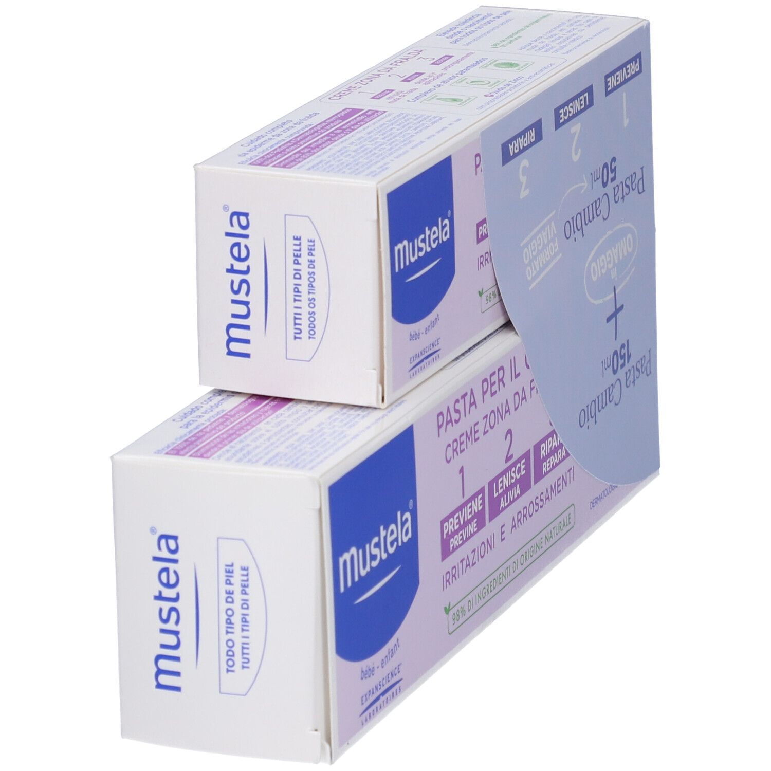 Due confezioni. Scritto: Pasta per il Cambio, 150ml + 50ml. Marchio Mustela. 98% ingredienti di origine naturale.
