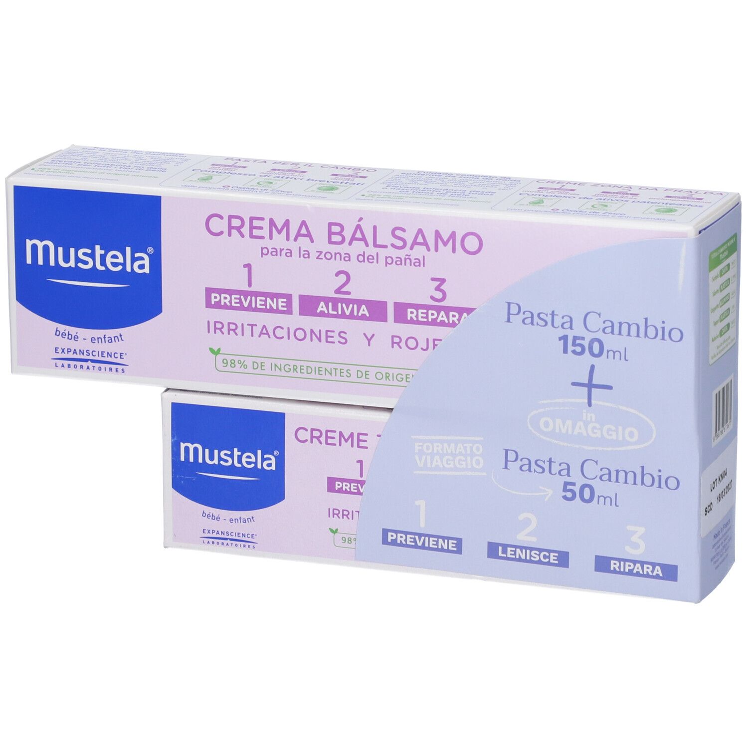 Due confezioni. Scritto: Pasta per il Cambio, 150ml + 50ml. Marchio Mustela. 98% ingredienti di origine naturale.