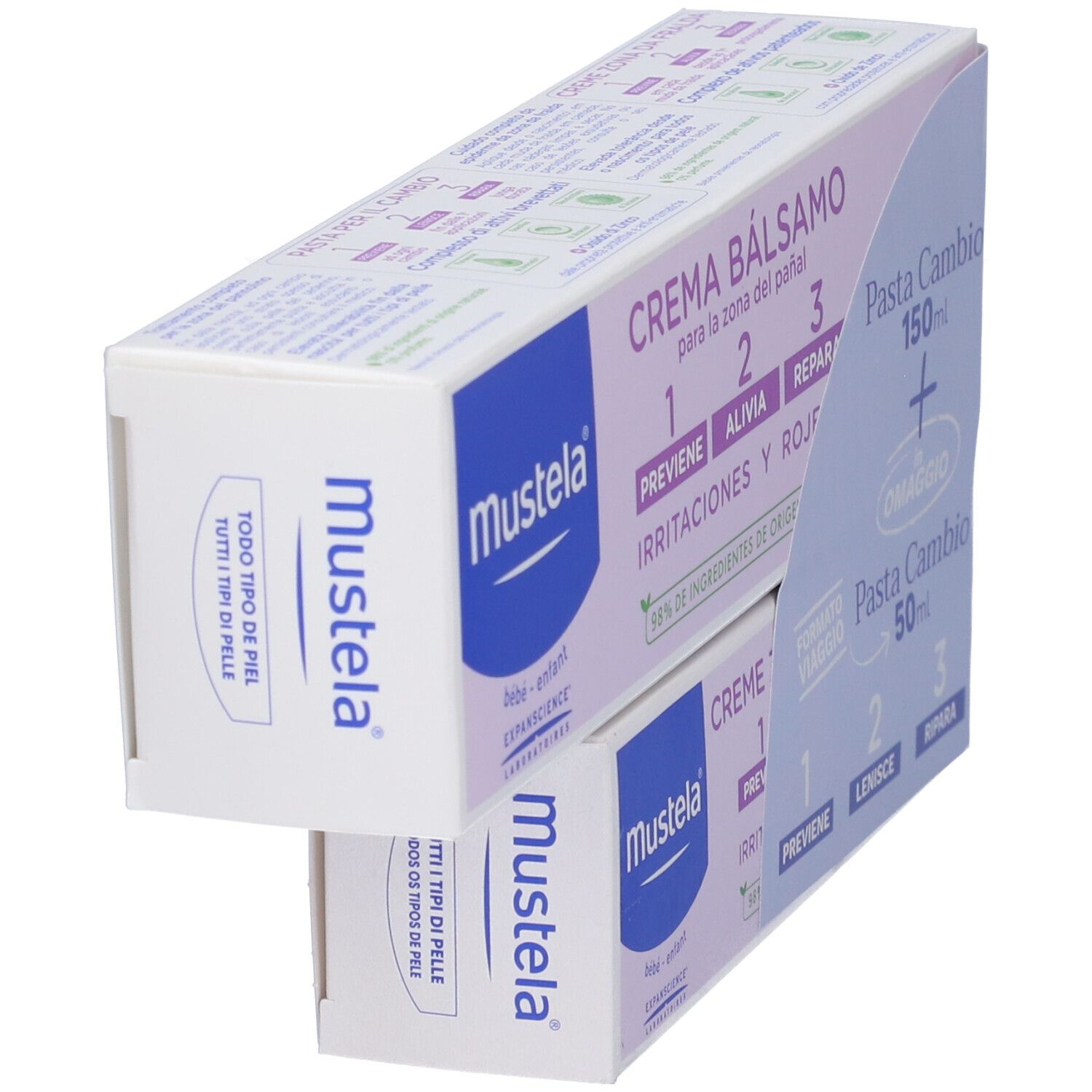 Due confezioni. Scritto: Pasta per il Cambio, 150ml + 50ml. Marchio Mustela. 98% ingredienti di origine naturale.