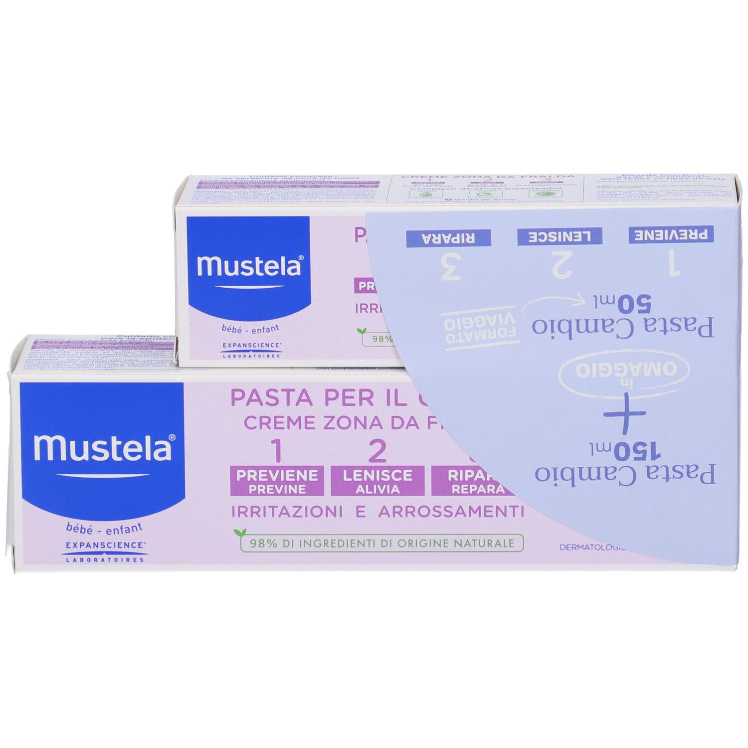 Due confezioni. Scritto: Pasta per il Cambio, 150ml + 50ml. Marchio Mustela. 98% ingredienti di origine naturale.