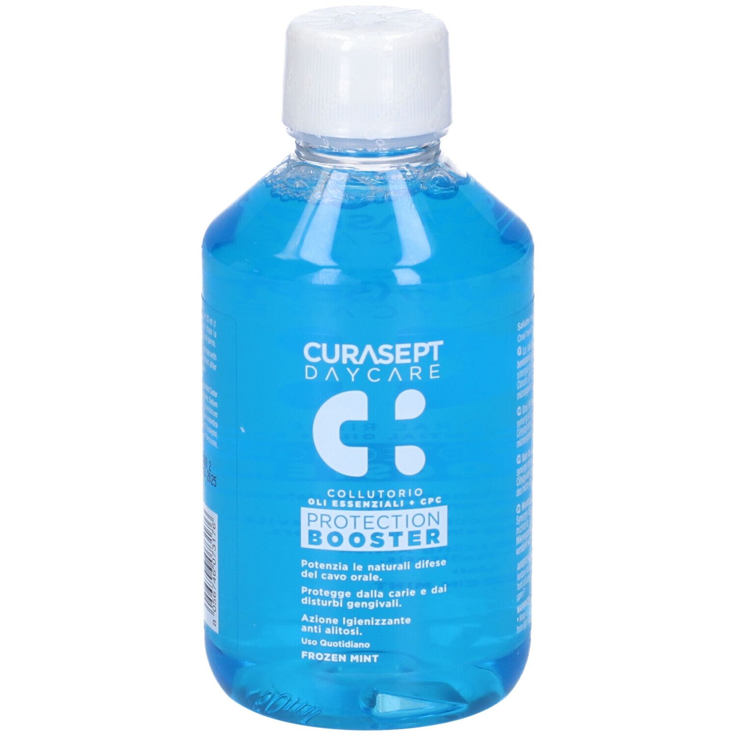 Curasept Daycare Protection Booster Mundwasser in klarer Flasche mit weißem Verschluss. Blaue Flüssigkeit.