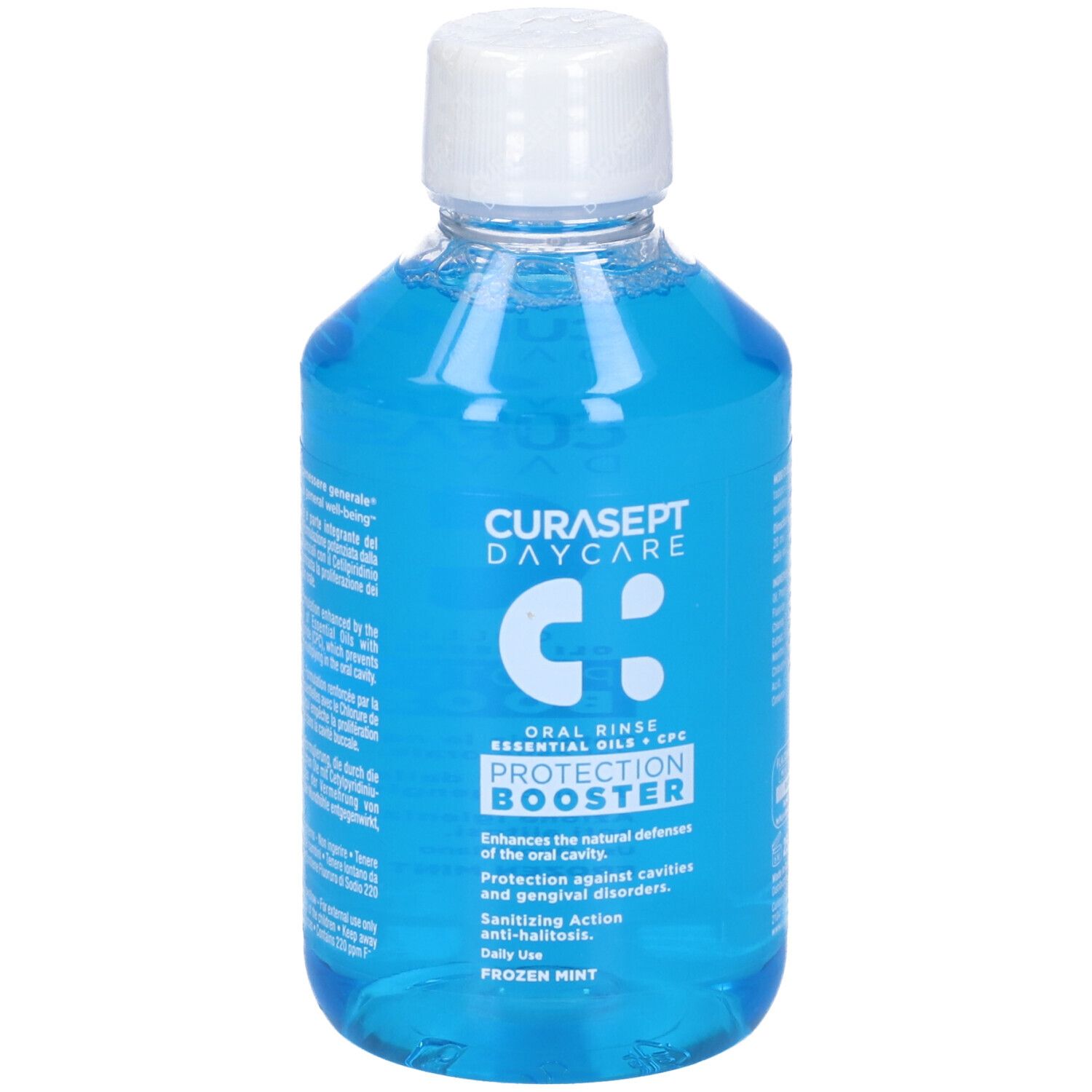 Flasche mit blauer Mundspülung, Etikett mit 'CURASEPT DAYCARE PROTECTION BOOSTER'.