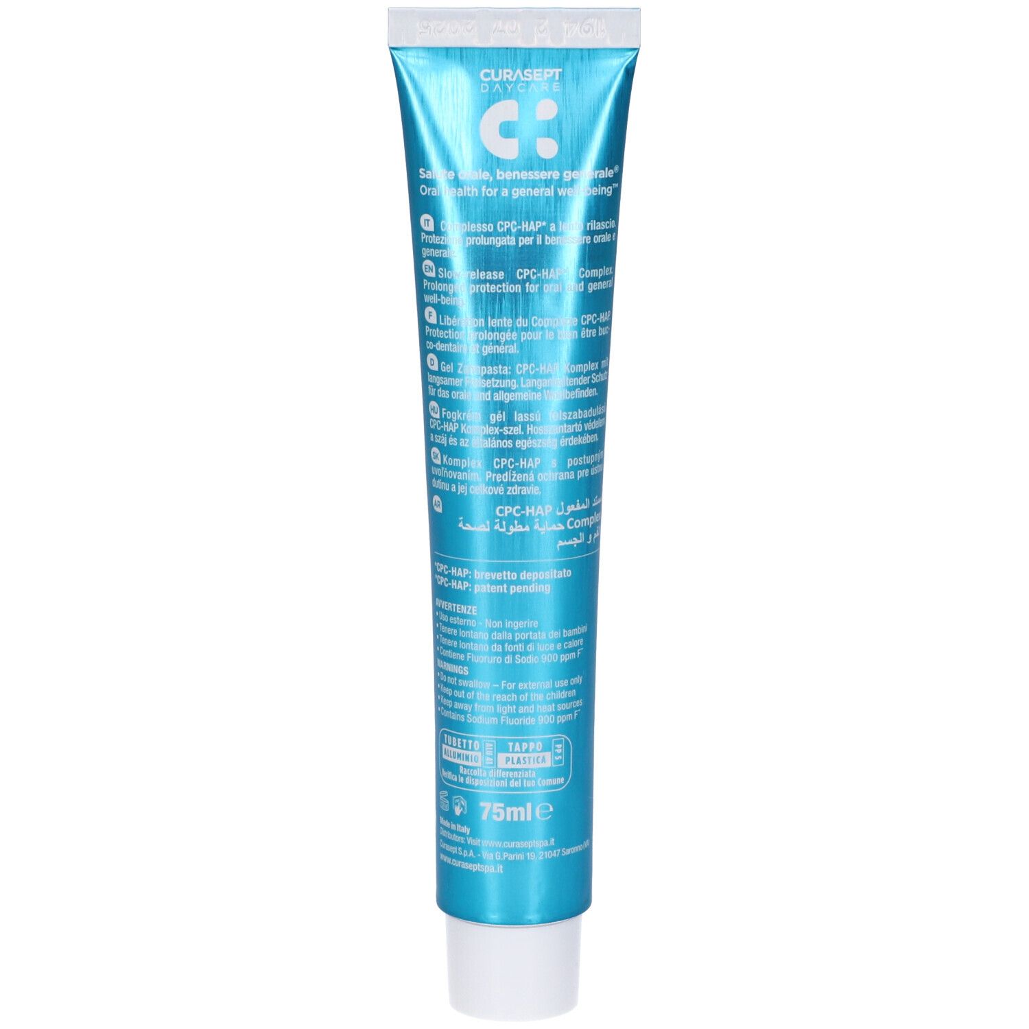 Retro di un tubo di dentifricio blu-argento. Testo multilingue. Volume: 75ml.