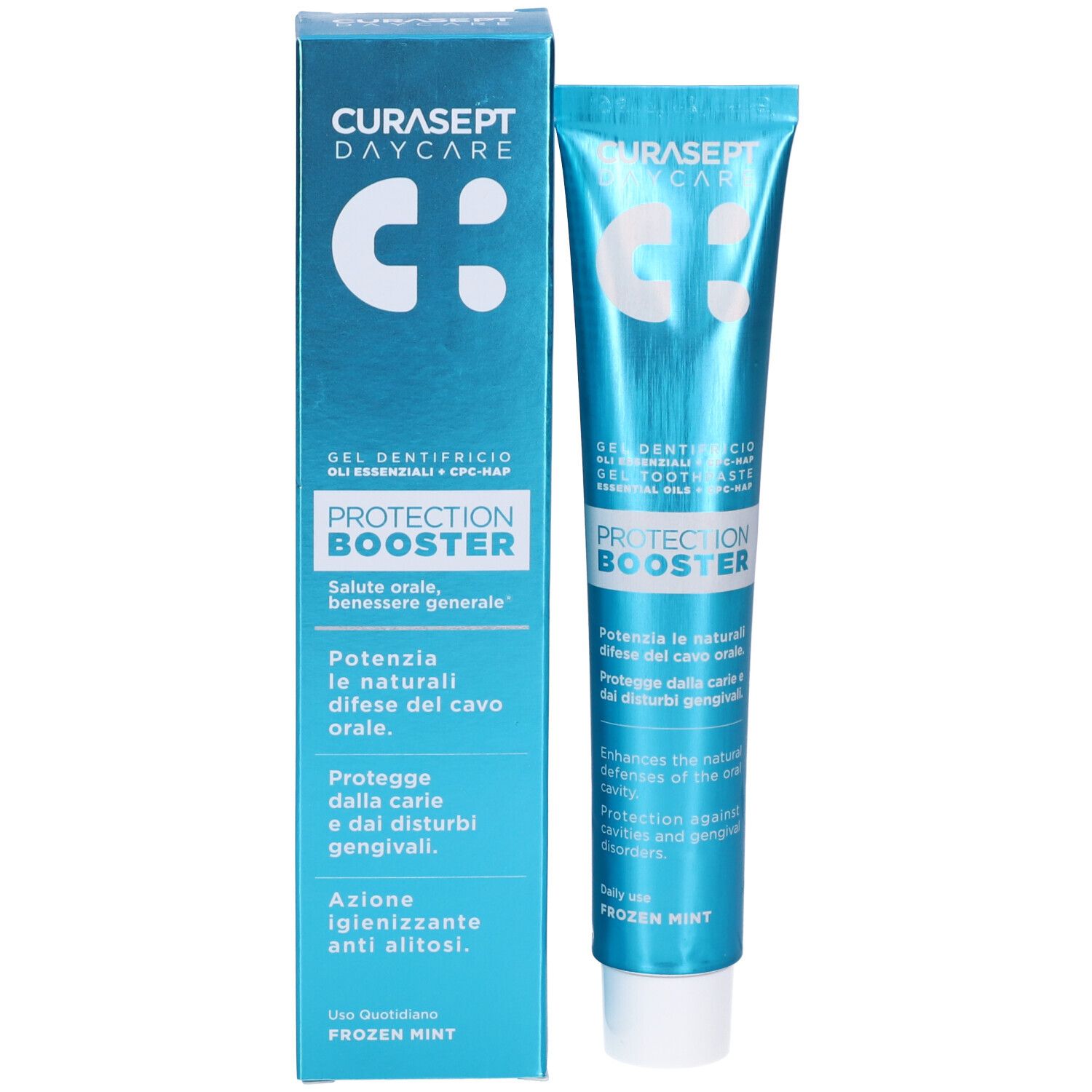 Tubo e scatola di dentifricio. Marchio: Curasept Daycare. Testo: PROTECTION BOOSTER, Frozen Mint.