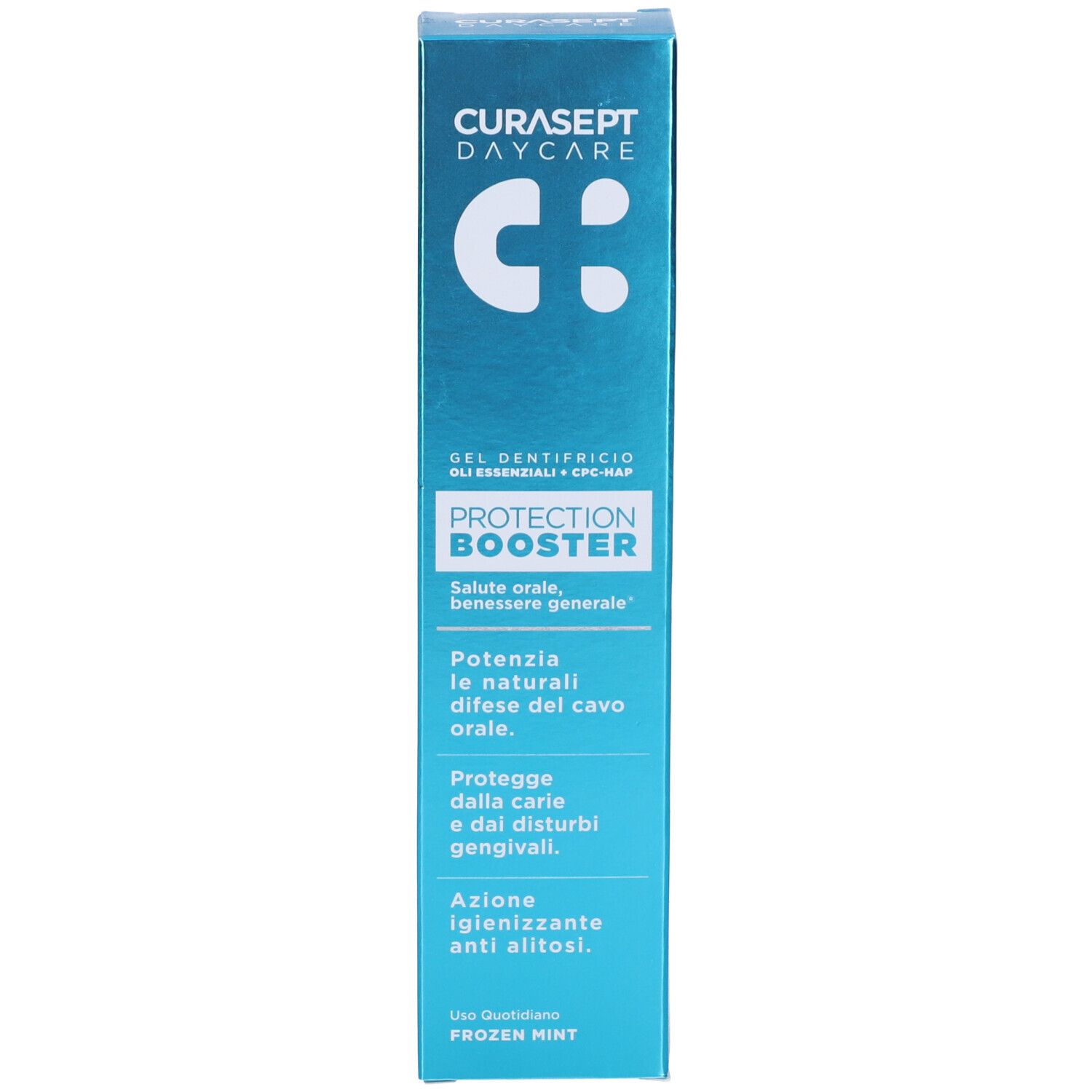 Scatola blu con testo: Curasept Daycare, PROTECTION BOOSTER, Frozen Mint.