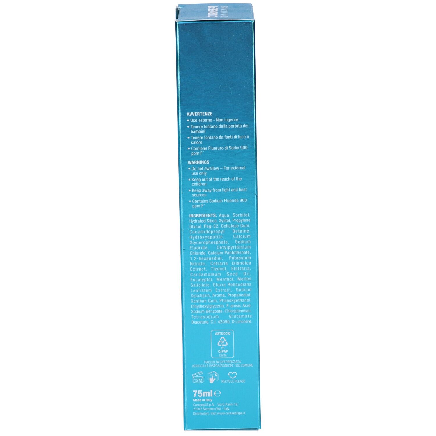 Lato di una scatola blu. Testo: ingredienti, avvertenze. Volume: 75ml.