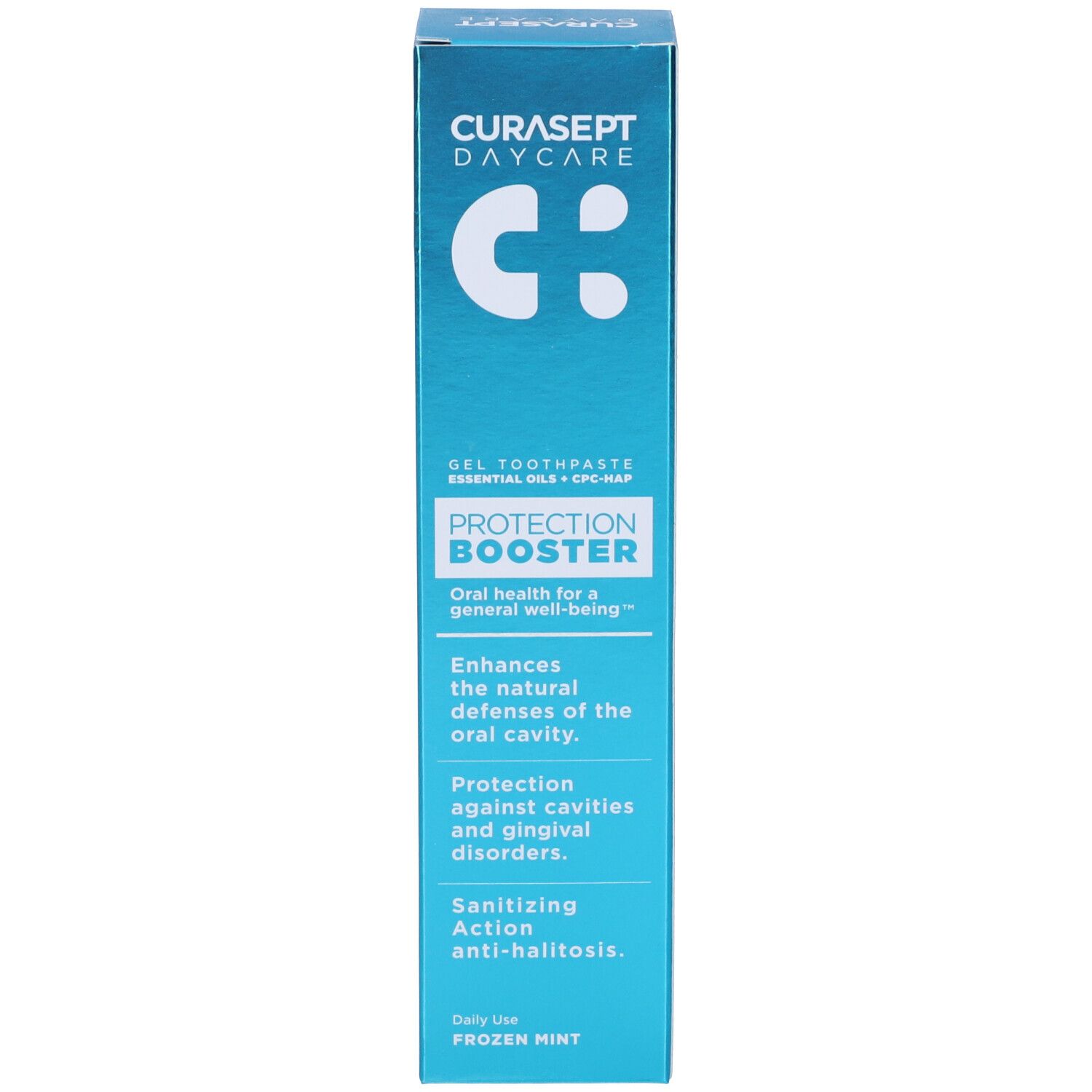 Scatola blu. Testo: Curasept Daycare, PROTECTION BOOSTER, Frozen Mint. Informazioni prodotto.