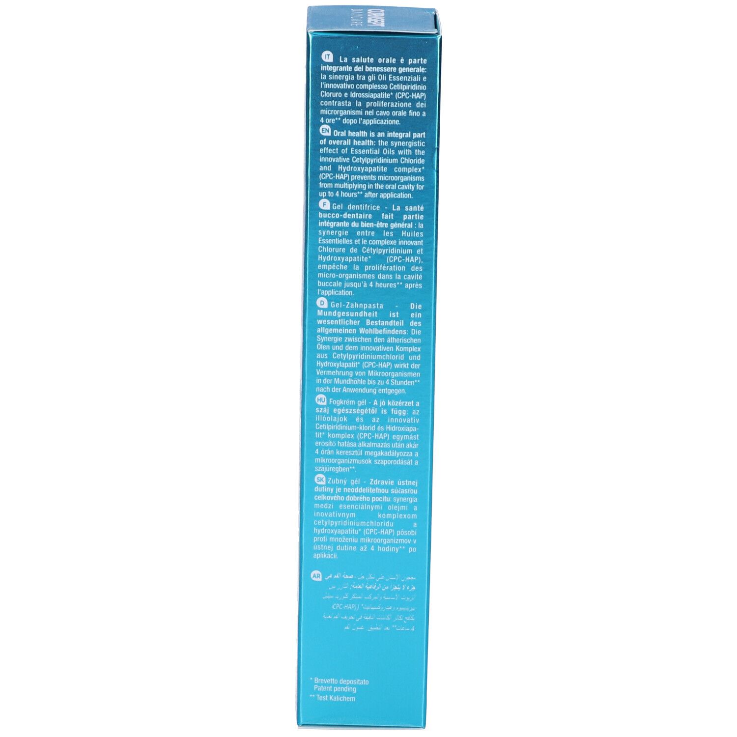 Lato di una scatola blu. Testo multilingue. Informazioni prodotto.