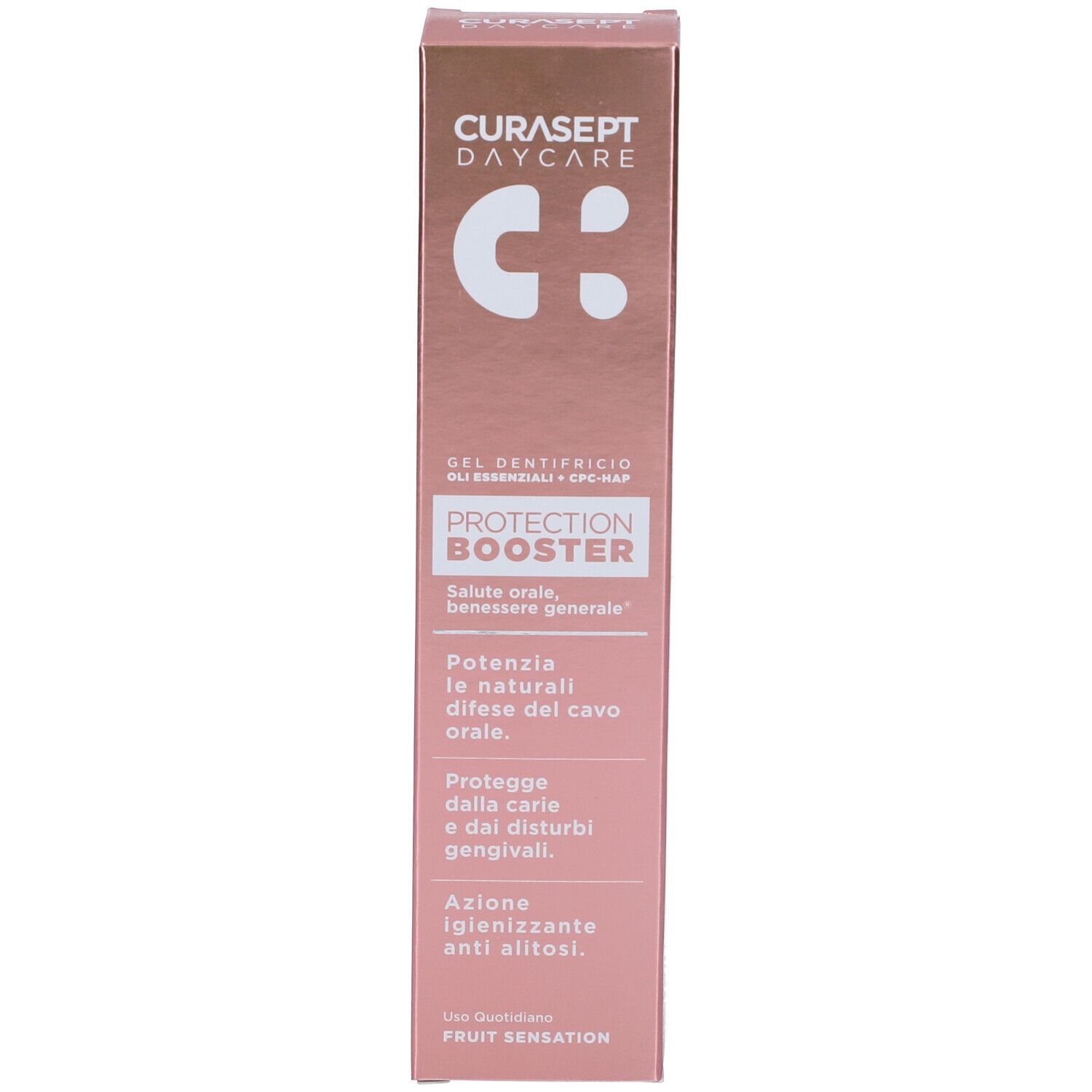 Scatola rosa con nome e testo del prodotto. Scritte: CURASEPT DAYCARE, PROTECTION BOOSTER, Fruit Sensation.