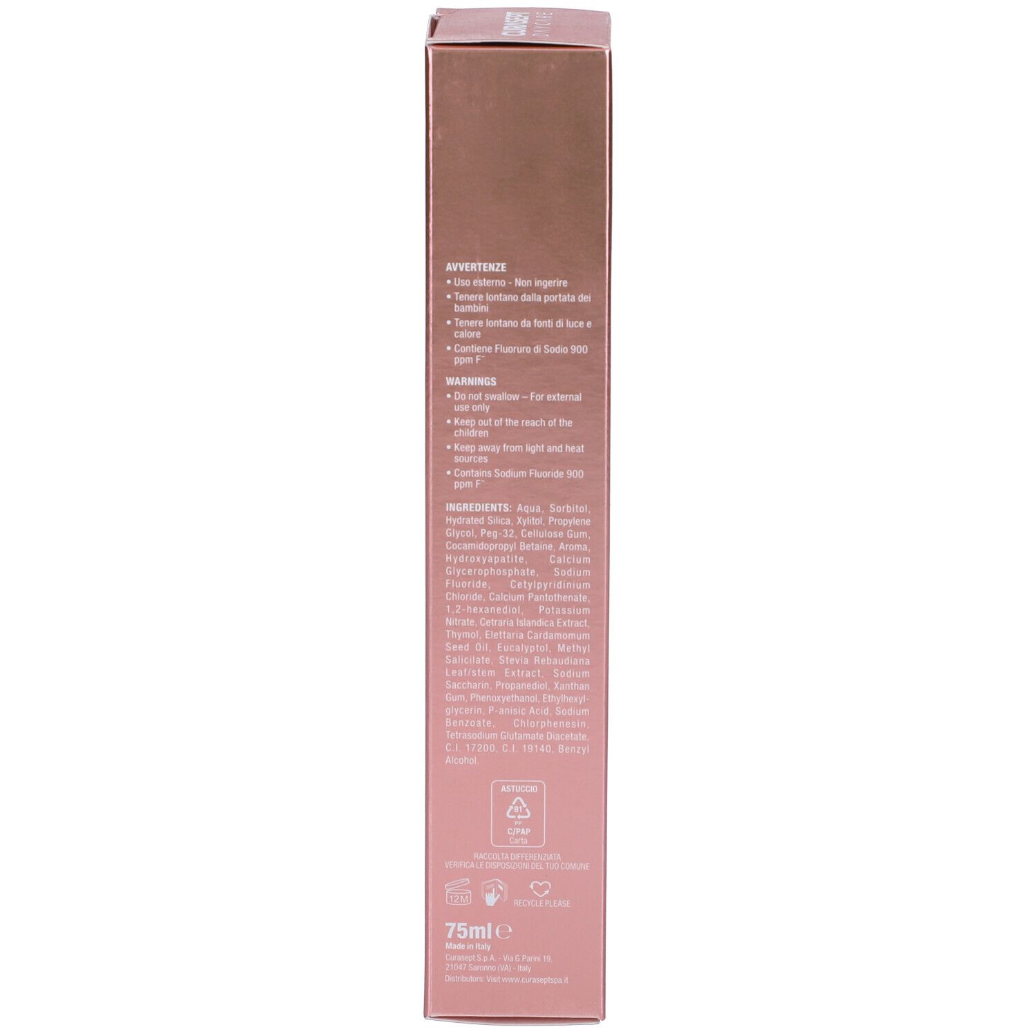 Retro di una scatola rosa. Testo multilingue. Contiene 75ml. Con avvertenze e ingredienti.