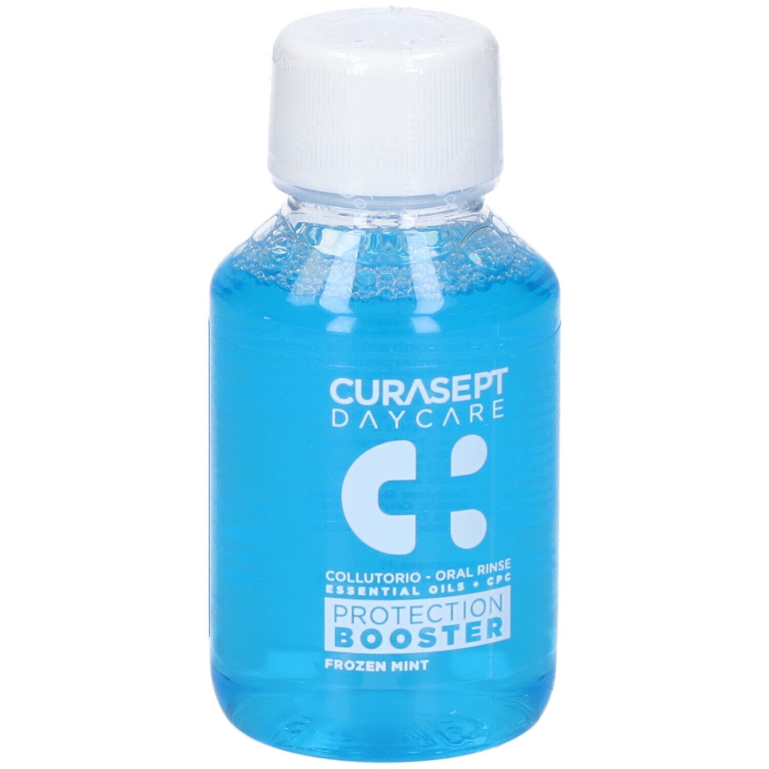 Mundspülungsflasche, blaues Flüssigkeit, weißer Deckel. Aufschrift: Curasept Daycare, Protection Booster, Frozen Mint.