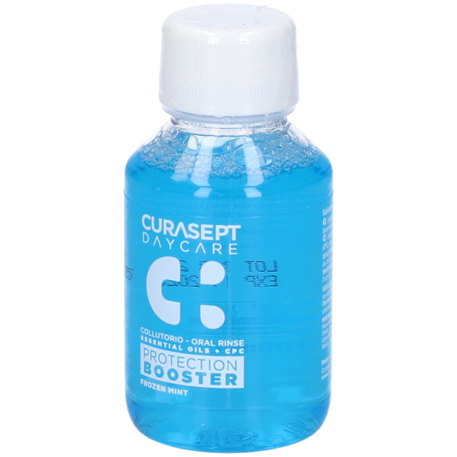 Mundspülungsflasche, blaues Flüssigkeit, weißer Deckel. Aufschrift: Curasept Daycare, Protection Booster, Frozen Mint.