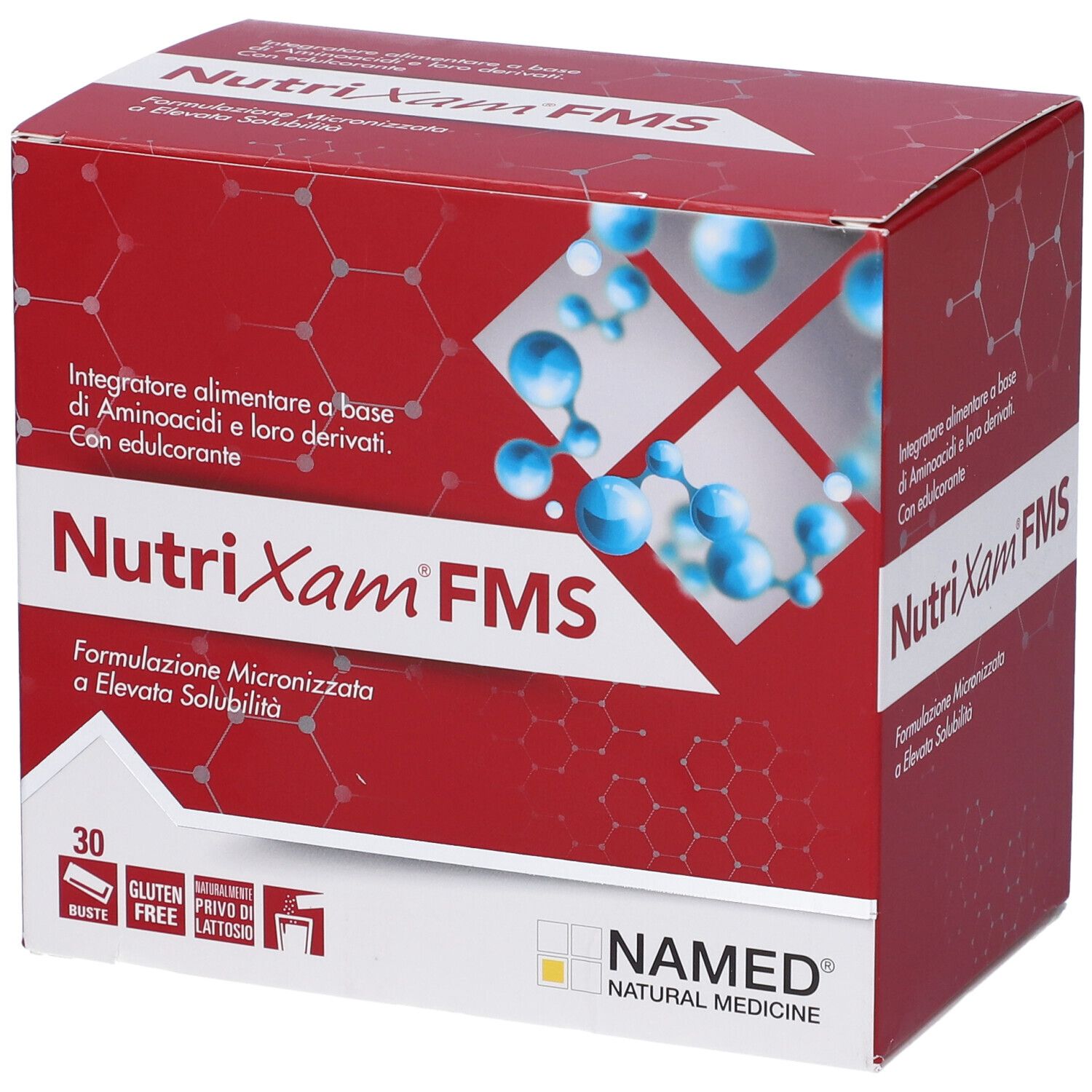 Scatola rossa "NutriXam FMS". Contiene 30 bustine. Senza glutine, senza lattosio. Marca: NAMED.